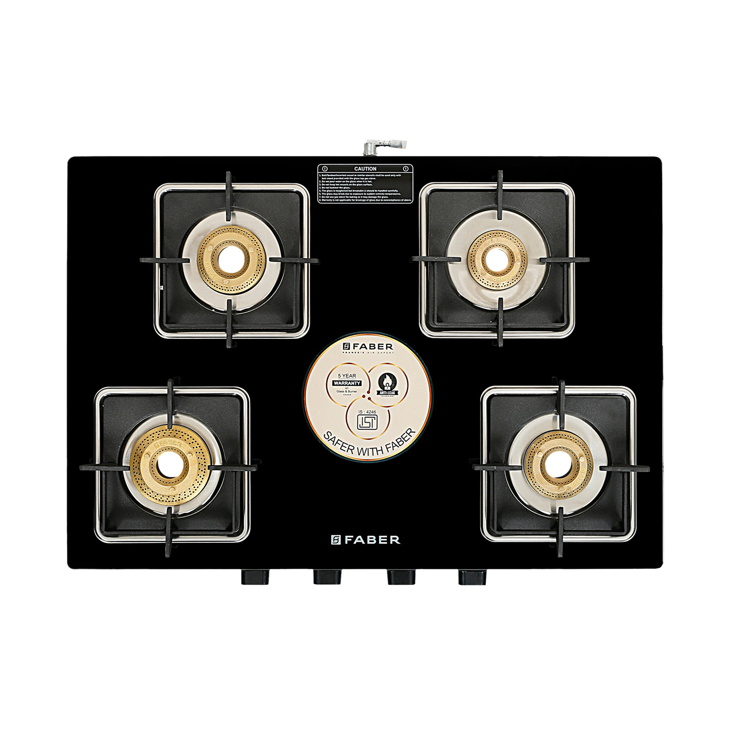 Faber Remo XL 4BB Glass Top 4 Burner Manual Gas Stove (MS Power Coated Pan Support, Black)