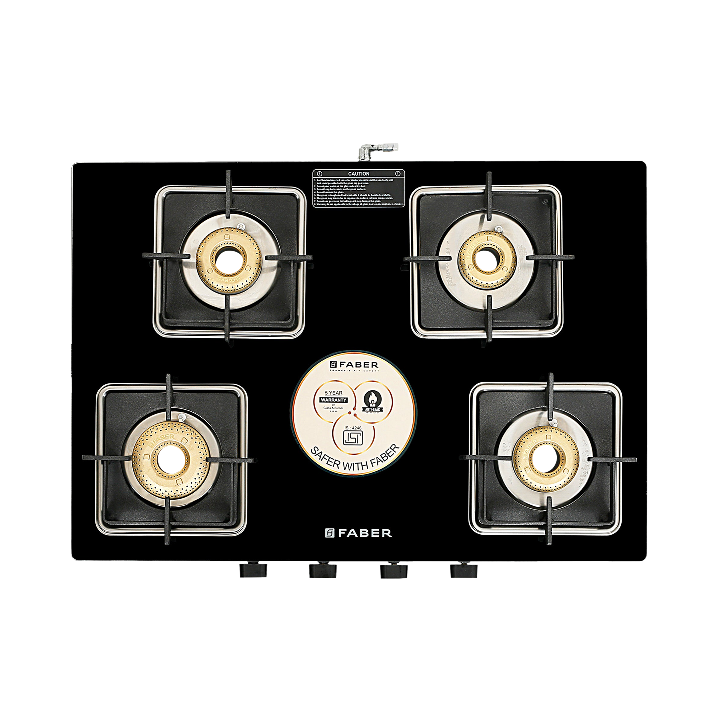 Faber Remo XL 4BB AI Glass Top 4 Burner Automatic Gas Stove (MS Power Coated Pan Support, Black)