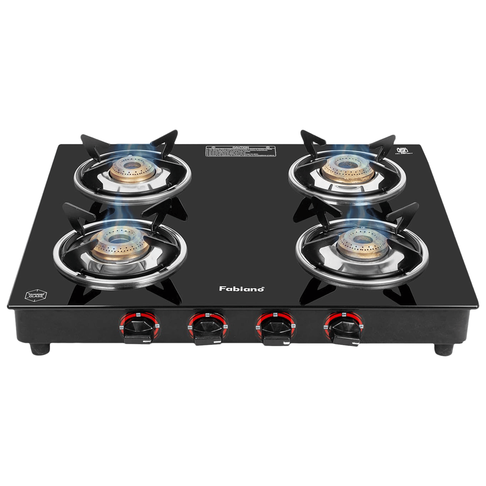 Fabiano FAB4BRSMART Toughened Glass Top 4 Burner Manual Gas Stove (Pan Support Attachment, Black)