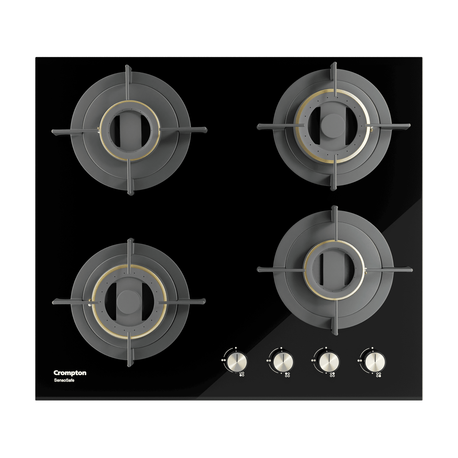 Crompton Sensosafe Toughened Glass Top 4 Burner Automatic Hob (Cast Iron Pan Support, Black)