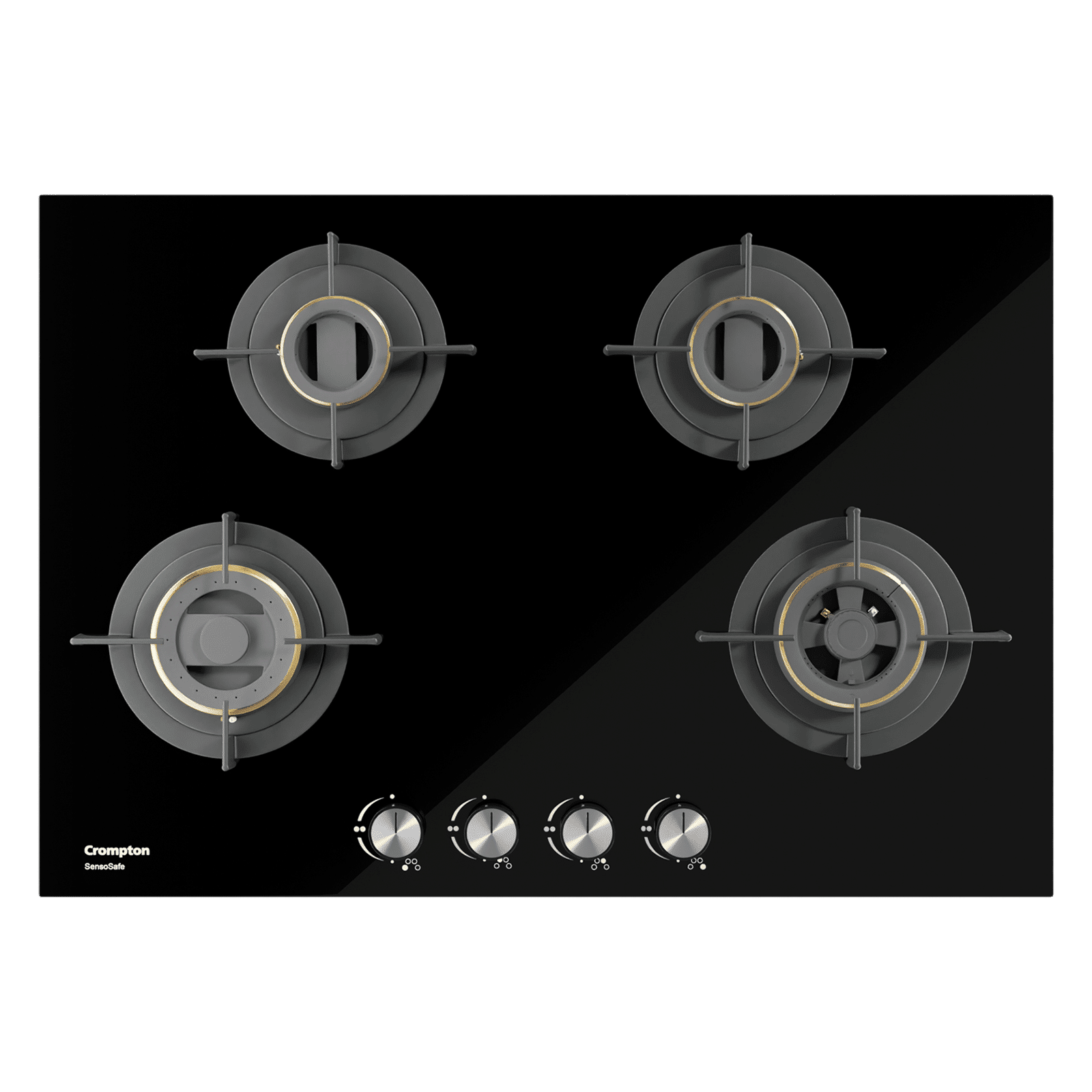 Crompton Sensosafe Toughened Glass Top 4 Burner Automatic Hob (Cast Iron Pan Support, Midnight Black)