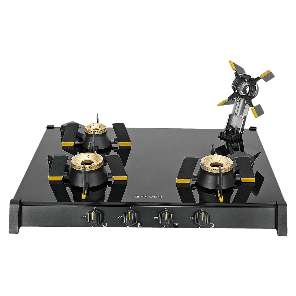 FABER GENIUS 704 BK Toughened Glass Top 4 Burner Manual Hob (Cast Iron Pan Support, Black)