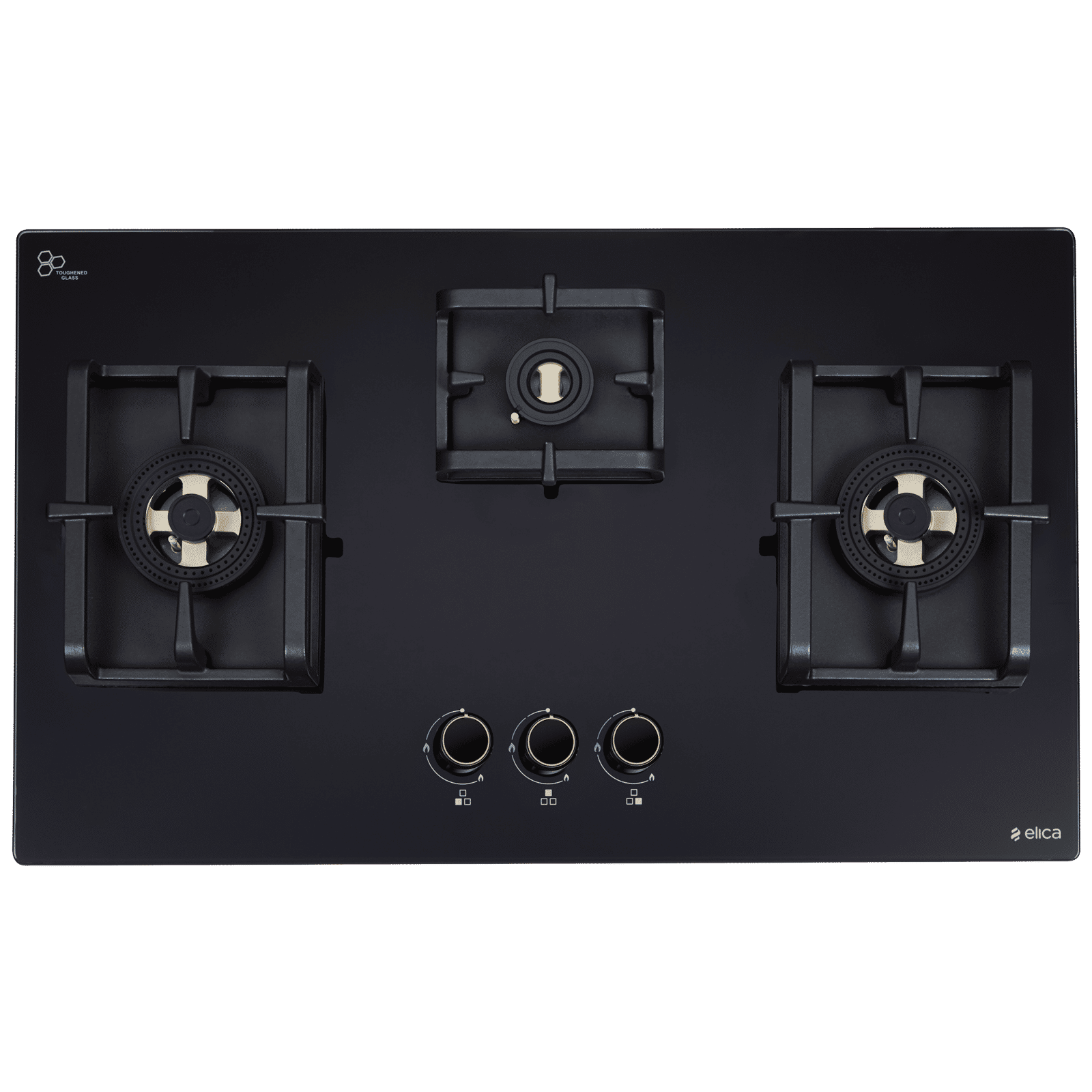 elica FLEXI DFS FB 3B 75 DX Glass Top 3 Burner Automatic Hob (Cast Iron Pan Support, Black)