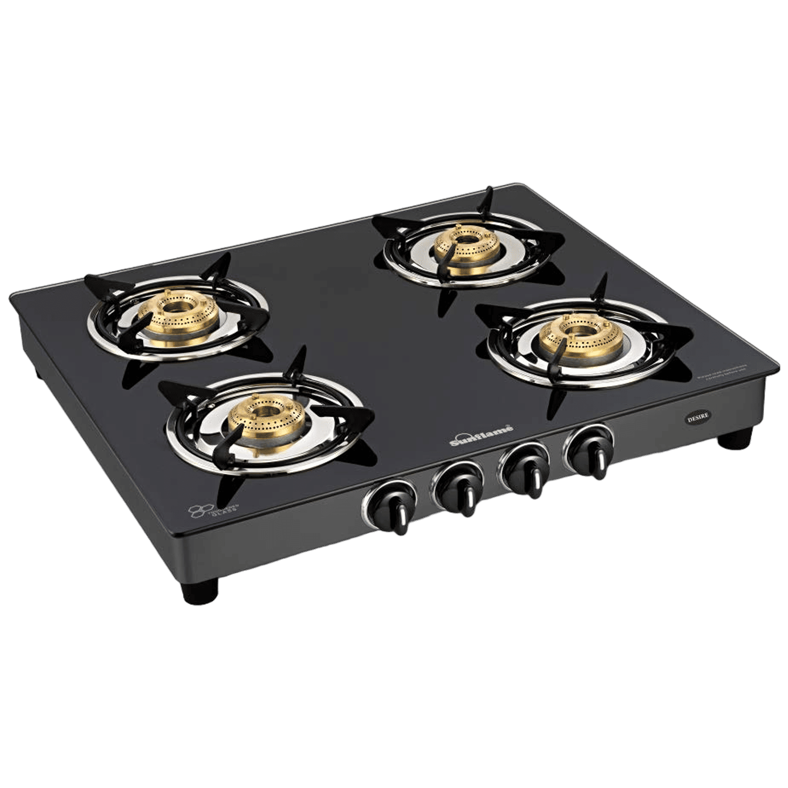 Sunflame Desire Toughened Glass Top 4 Burner Manual Gas Stove (Powder Coated Pan Supports, Black)
