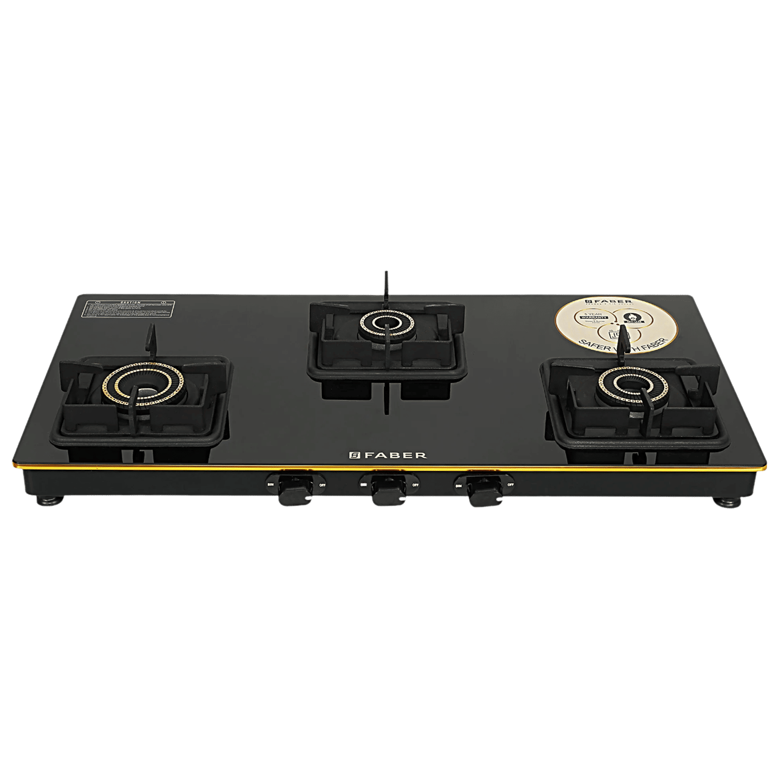 FABER PRINCE PLUS 3BB BK Toughened Glass Top 3 Burner Manual Hob (Full Brass Burners, Black)