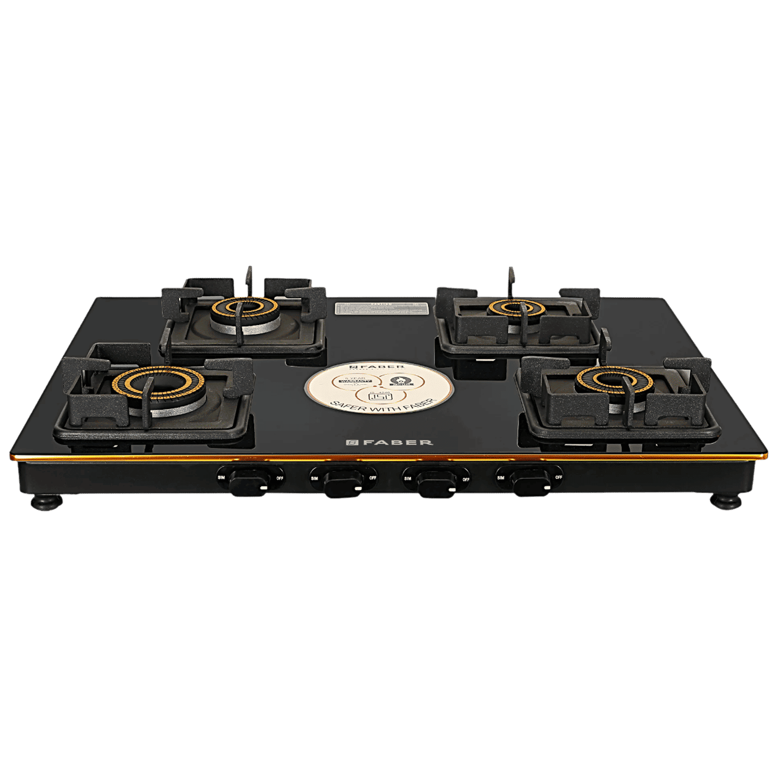 FABER PRINCE PLUS 4BB BK Glass Top 4 Burner Manual Hob (Diamond Coated Pan Support, Black)