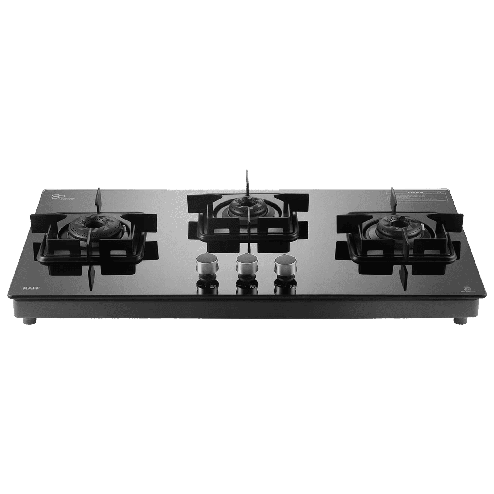 KAFF Toughened Glass Top 3 Burner Automatic Cooktop (Integrated Flame Protector, Black)