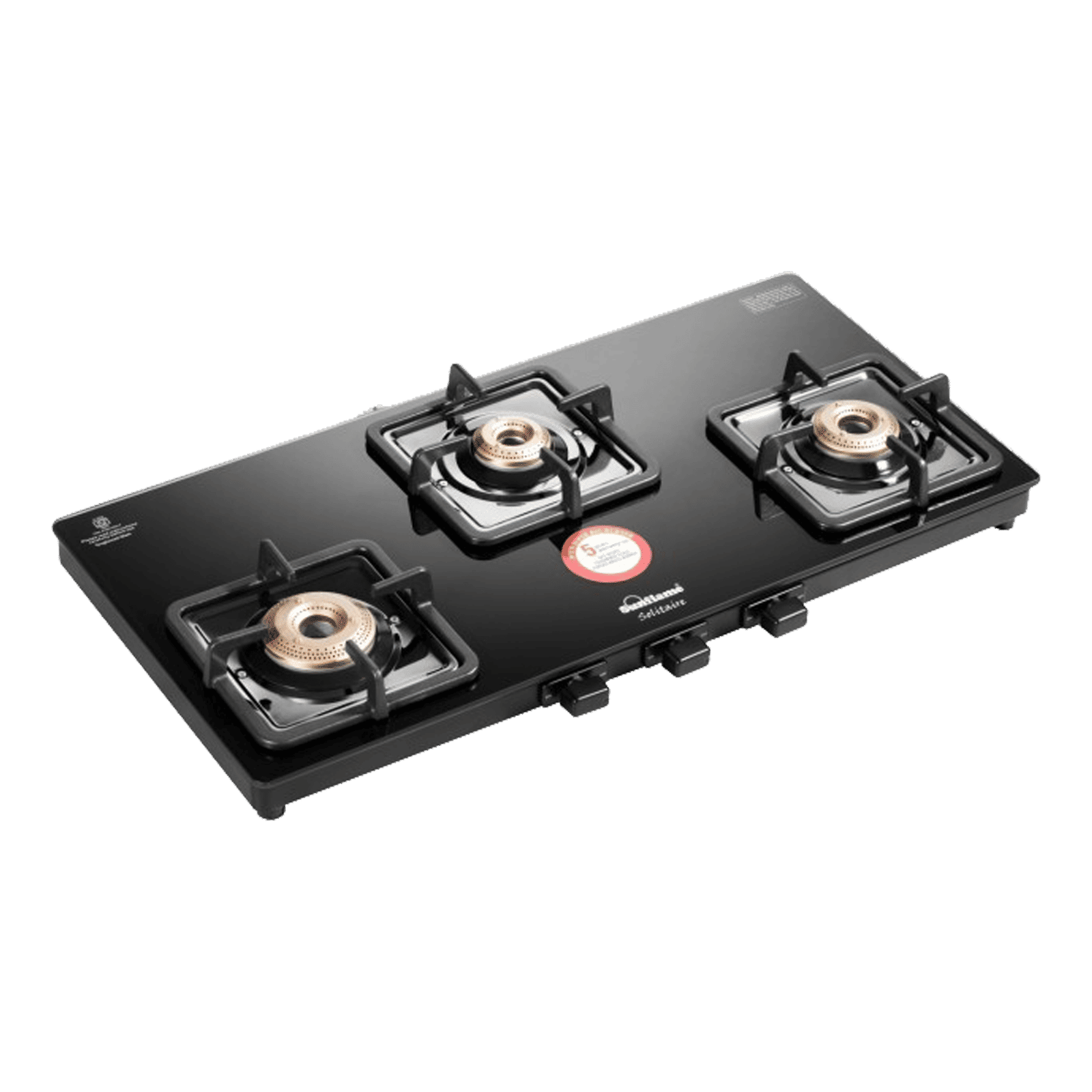 Sunflame Solitaire Tempered Glass Top 3 Burner Manual Gas Stove (Forged Brass Burners, Black)