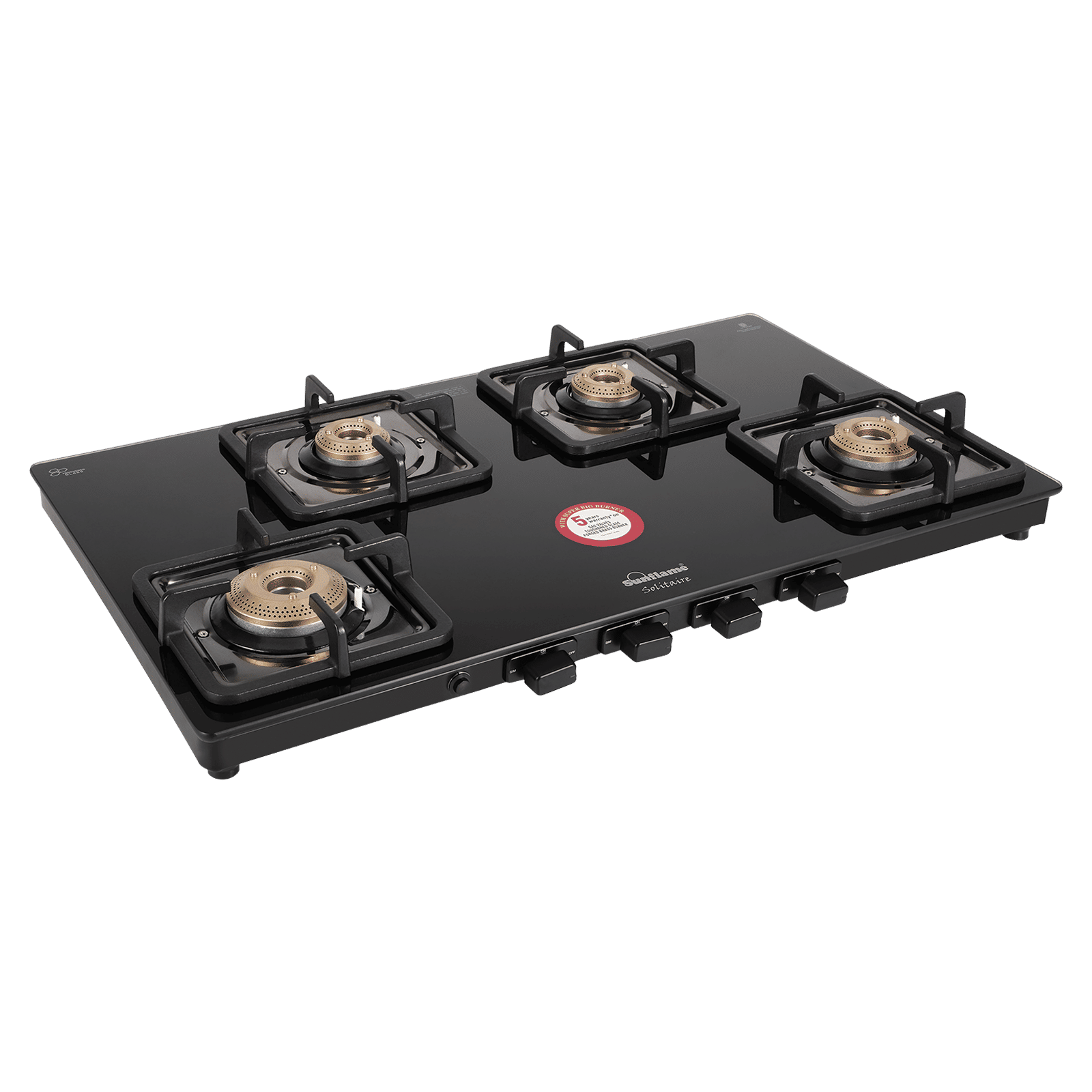Sunflame Solitaire Tempered Glass Top 4 Burner Manual Gas Stove (Cast Iron Pan Support, Black)