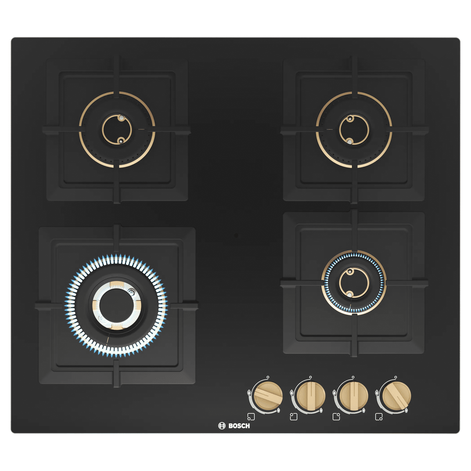 BOSCH Series 4 Toughened Glass Top 4 Burner Automatic Hob (Cast Iron Pan Supports, Black)