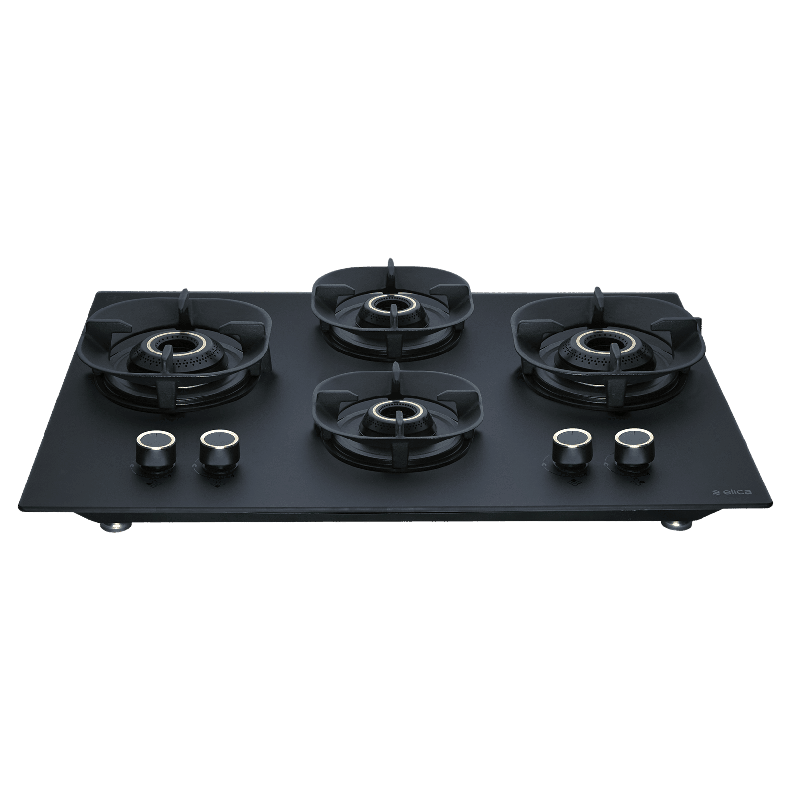 elica MATT CROWN FLEXI 491 LOTUS IND HD BRASS Glass Top 4 Burner Automatic Hob (Cast Iron Pan Support with Heat Guard, Matt Finish Black Glass)