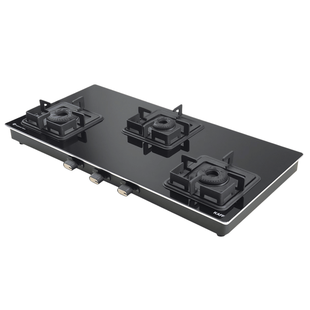 KAFF CTQ773B Toughened Glass Top 3 Burner Manual Gas Stove (Edge Protection, Black)