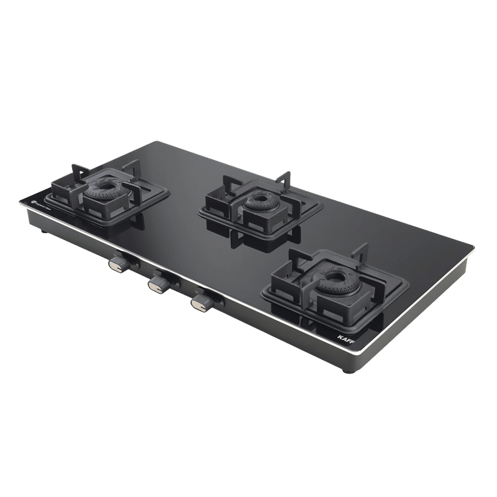 KAFF CTQ773BAI Toughened Glass Top 3 Burner Automatic Gas Stove (Edge Protection, Black)