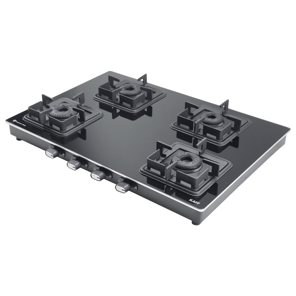 KAFF CTQ694B Toughened Glass Top 4 Burner Manual Gas Stove (Edge Protection, Black)