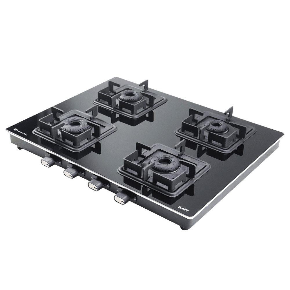 KAFF CTQ634B Toughened Glass Top 4 Burner Manual Gas Stove (Edge Protection, Black)