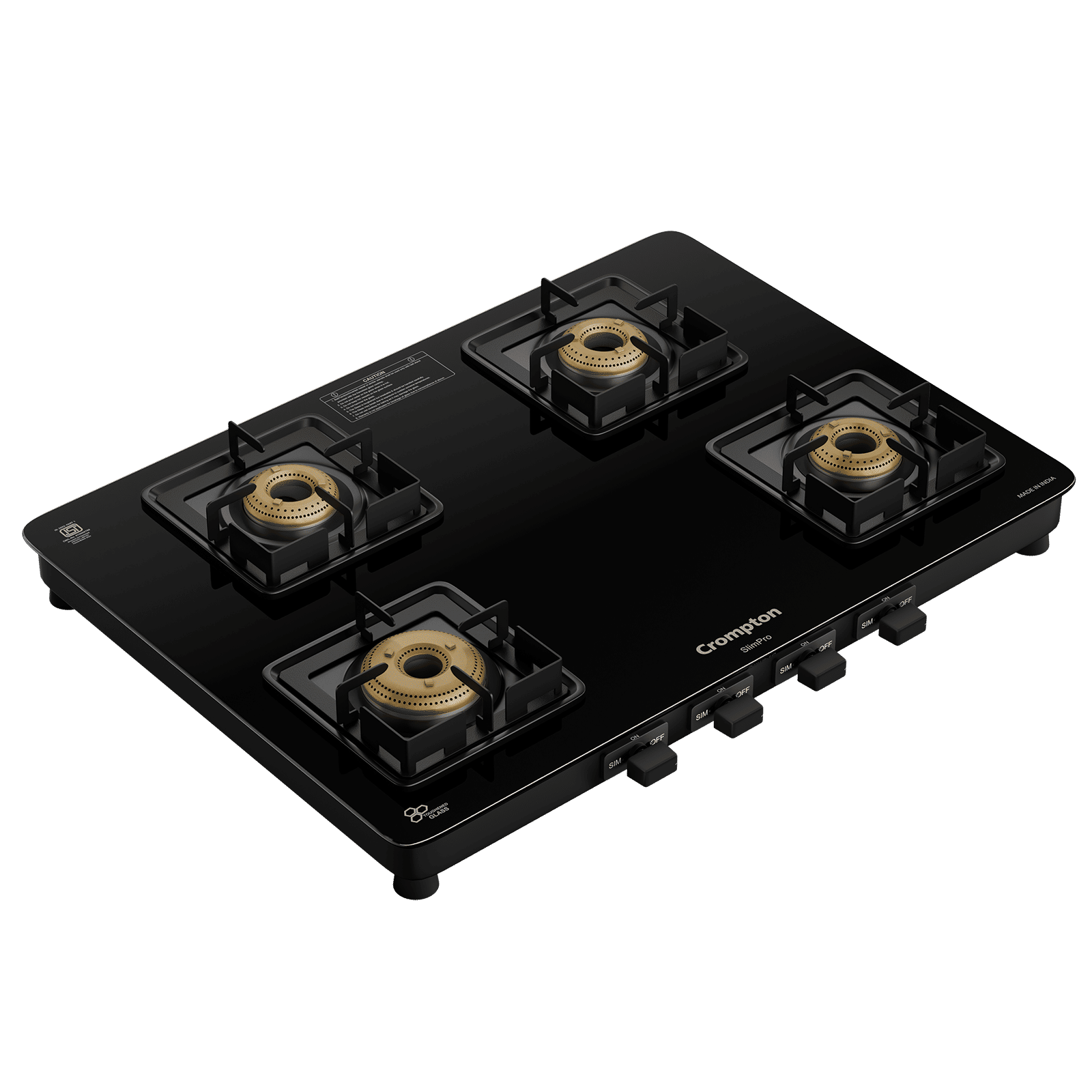 Crompton SlimPro Toughened Glass Top 4 Burner Manual Gas Stove (Mild Steel Body, Black)