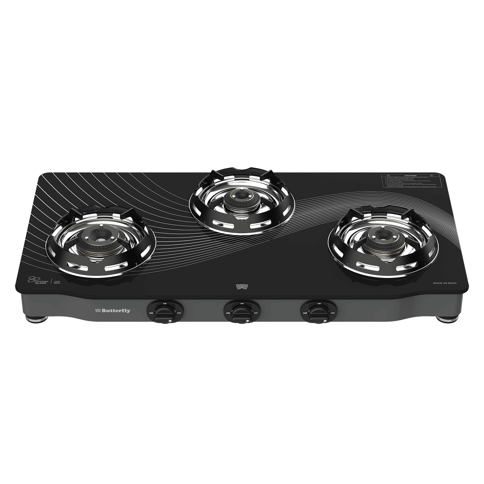 Butterfly Renz Tempered Glass Top 3 Burner Manual Gas Stove (Rust Resistant Frame, Black)