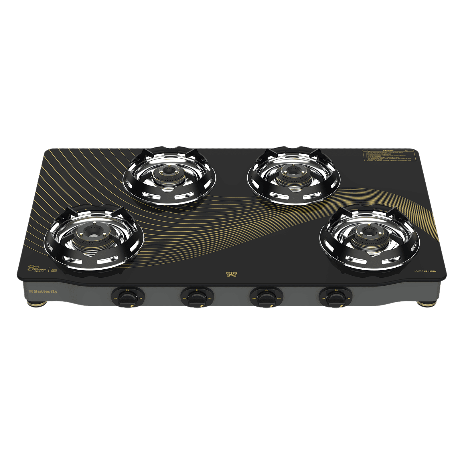 Butterfly Renz Tempered Glass Top 4 Burner Manual Gas Stove (Rust Resistant Frame, Black)