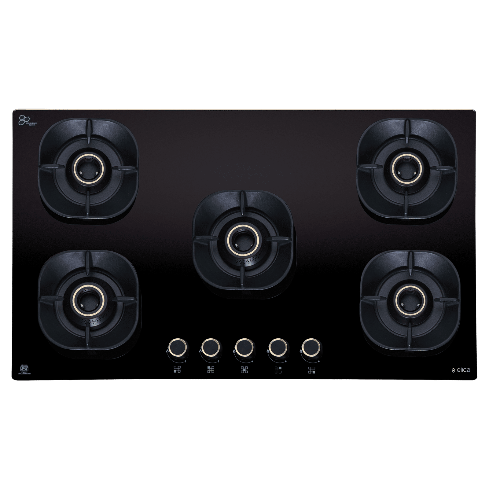elica CROWN FLEXI 590 LOTUS IND HD BRASS Toughened Glass Top 5 Burner Automatic Hob (Multi Flame Burners, Black Glass)