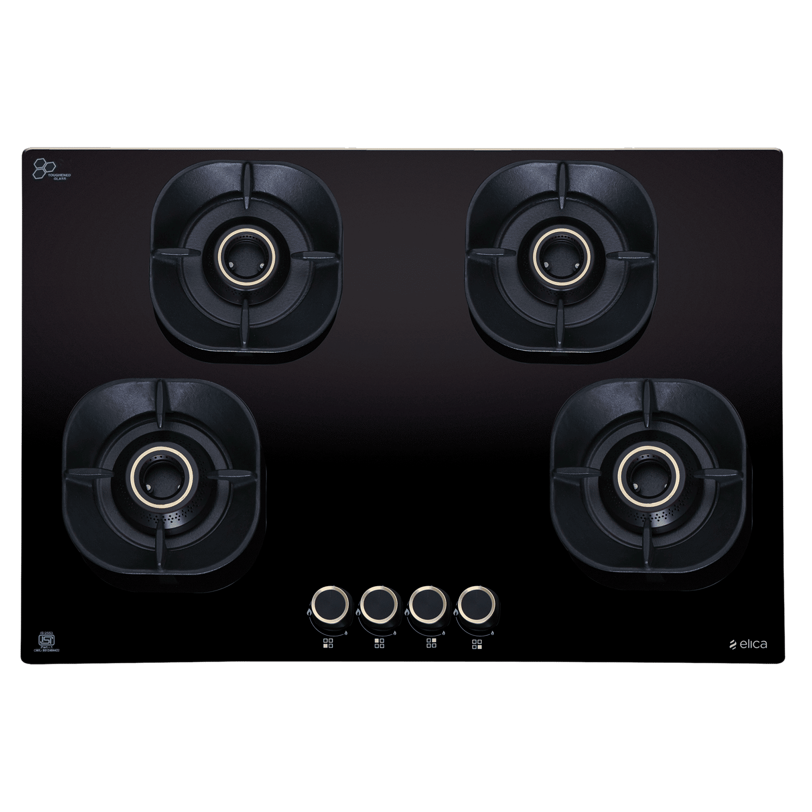 elica CROWN FLEXI 475 LOTUS IND HD BRASS Toughened Glass Top 4 Burner Automatic Hob (Multi Flame Burners, Black Glass)