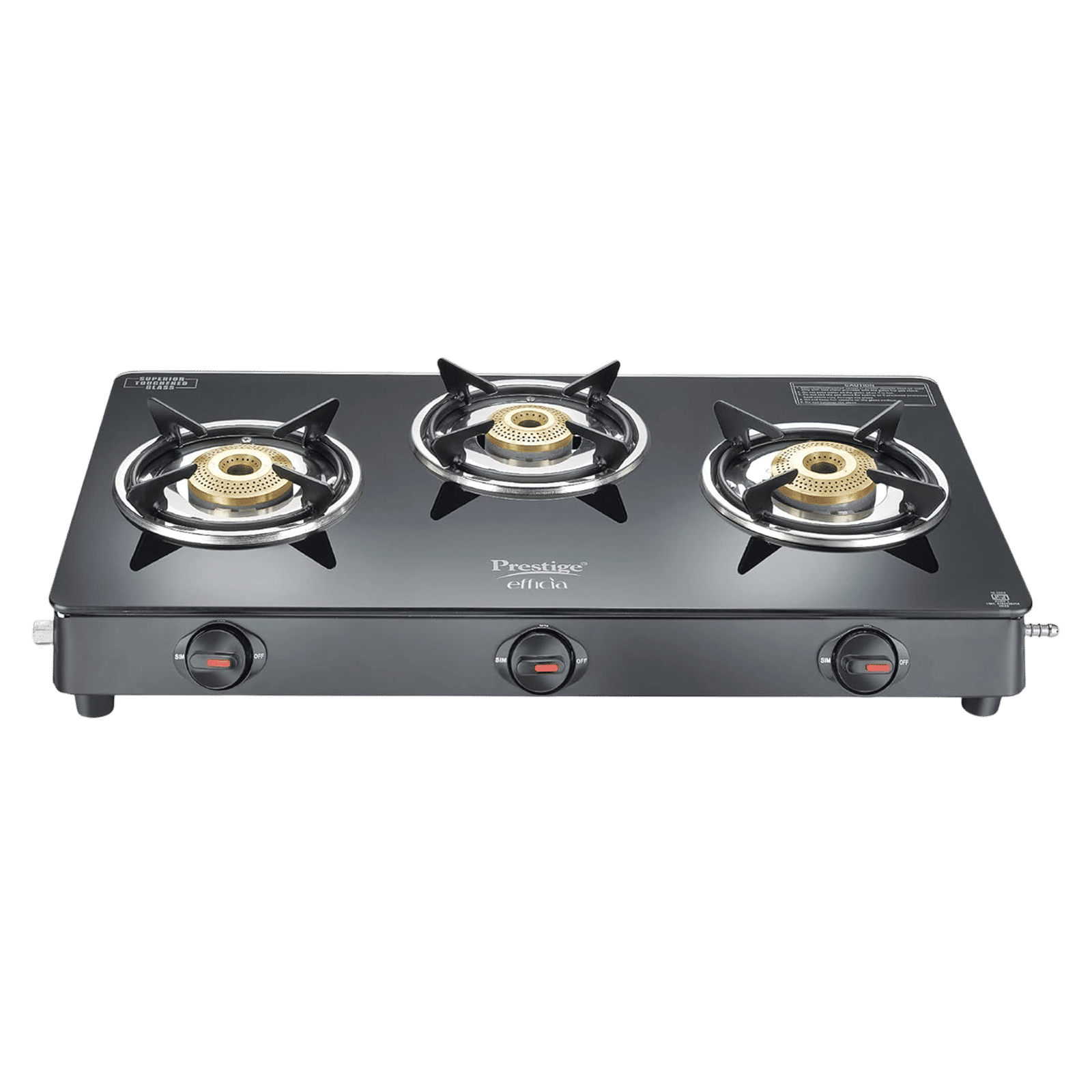 Prestige Efficia Toughened Glass Top 3 Burner Manual Gas Stove (ISI Certified, Black)