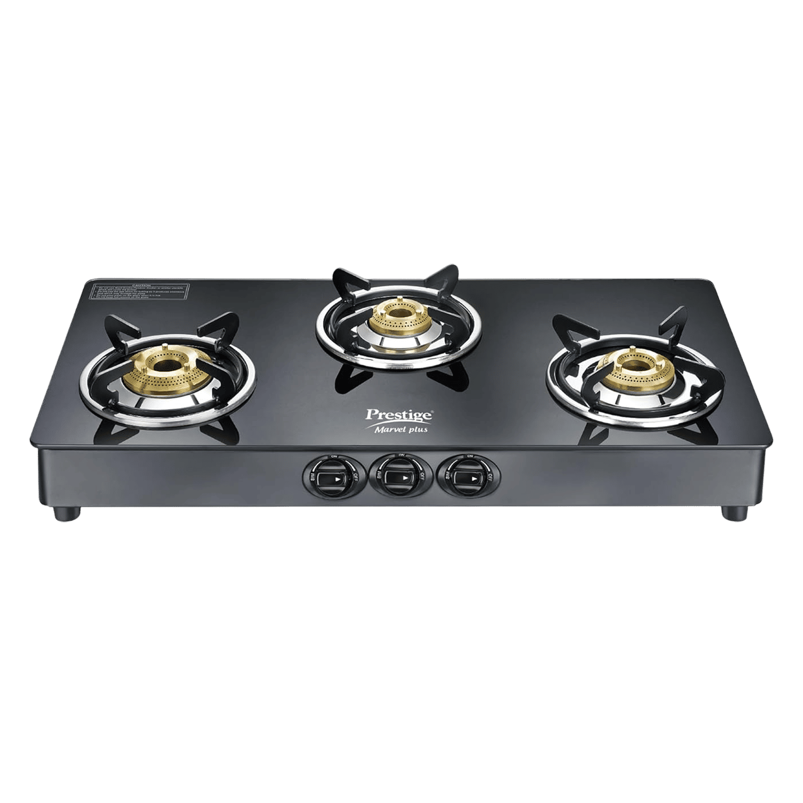 Prestige Marvel Plus Toughened Glass Top 3 Burner Manual Gas Stove (Tri-Pin Burners, Black)