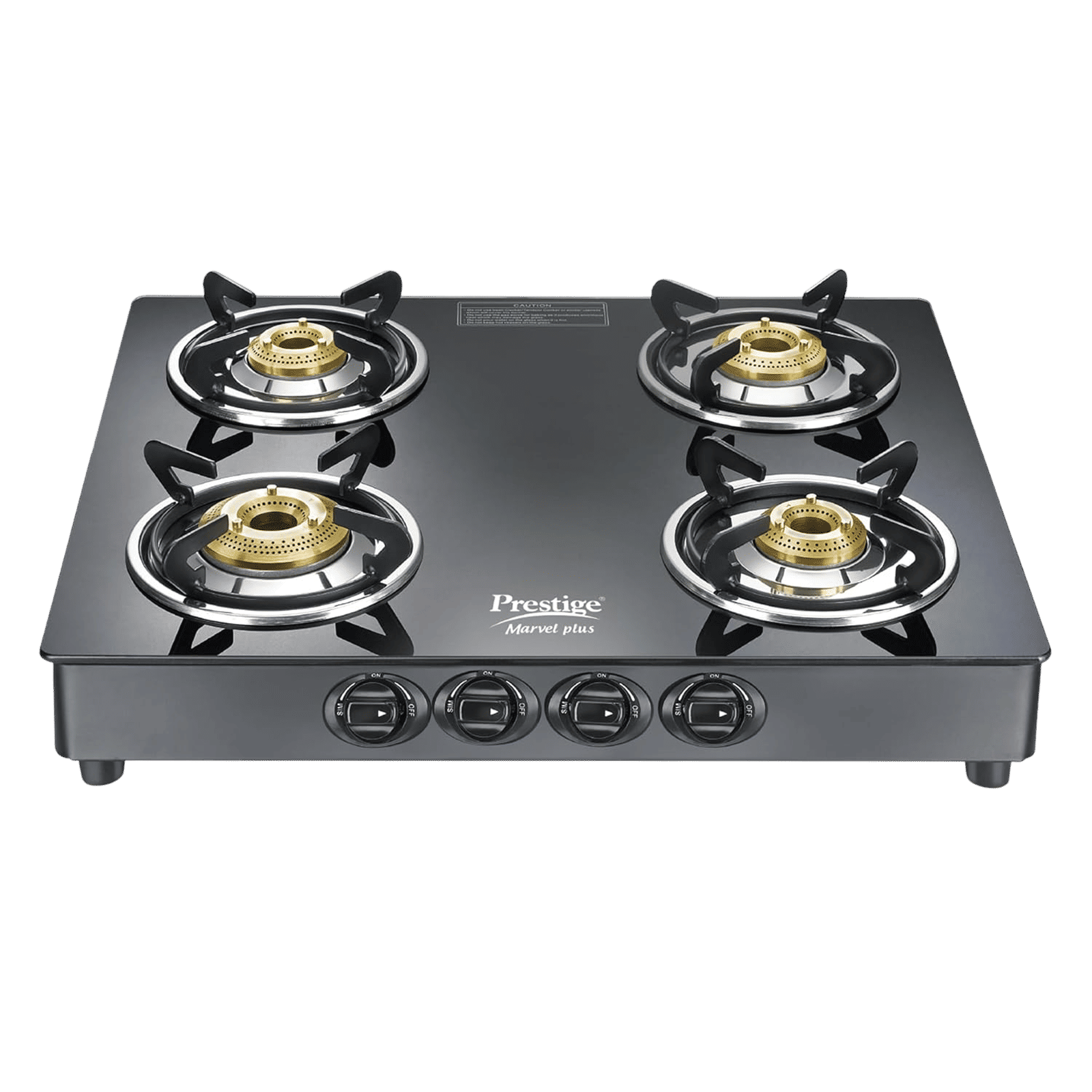 Prestige Marvel Plus GTM 04 SQ Toughened Glass Top 4 Burner Manual Gas Stove (Tri-Pin Burner, Black)
