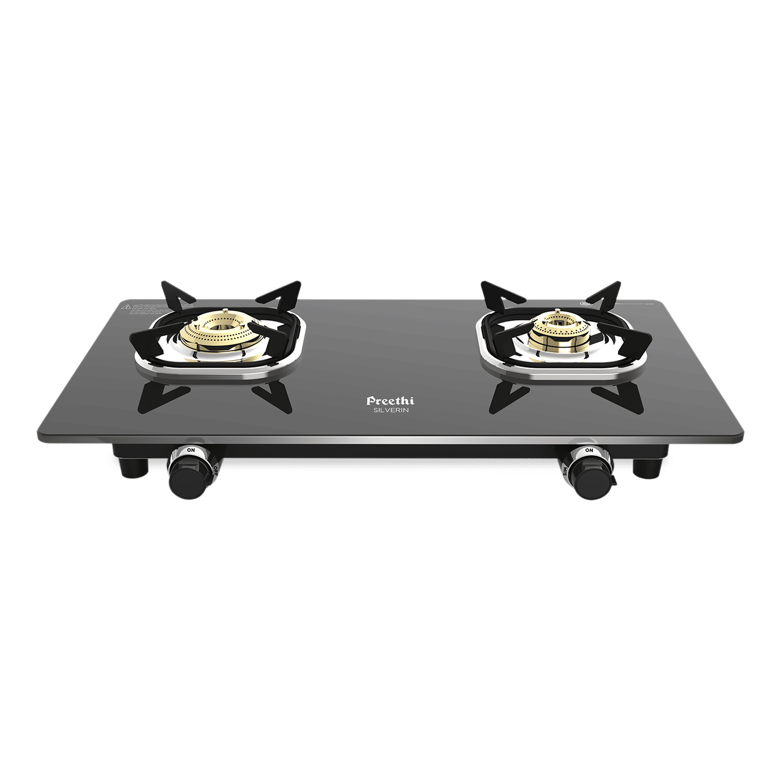 Preethi Silverin Toughened Glass Top 2 Burner Manual Gas Stove (Screwless Design, Black)