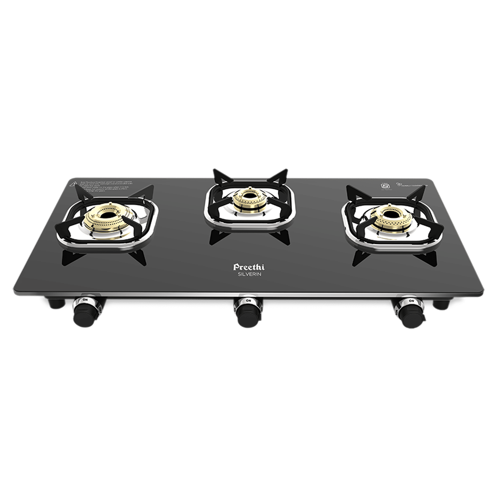 Preethi Silverin Toughened Glass Top 3 Burner Manual Gas Stove (Screwless Design, Black)