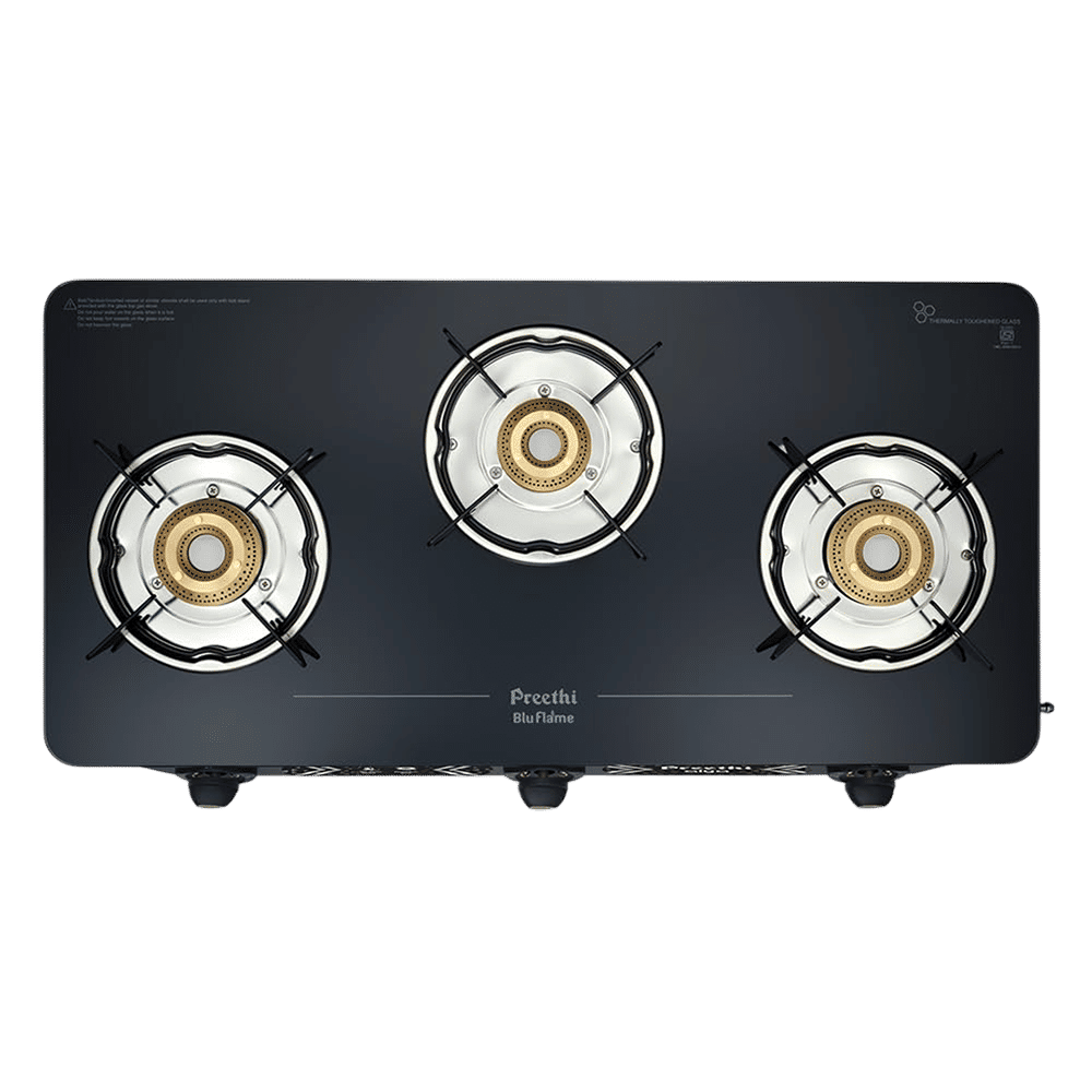 Preethi Alya 2.0 Toughened Glass Top 3 Burner Manual Gas Stove (ISI Certified, Black)