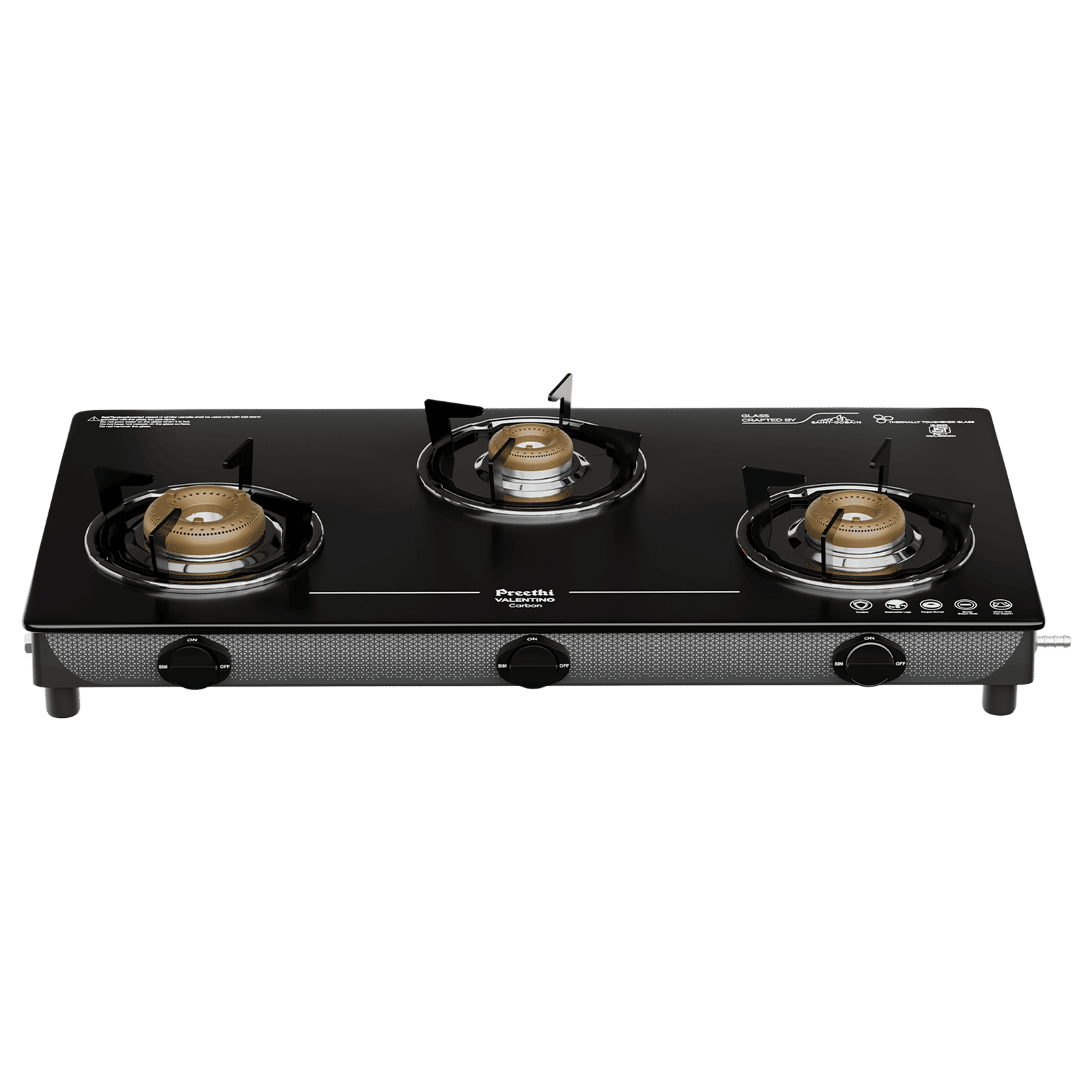 Preethi Valentino Carbon Tempered Glass Top 3 Burner Manual Gas Stove (ISI Certified, Black)