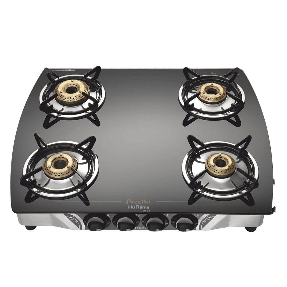 Preethi Bluflame Jumbo Toughened Glass Top 4 Burner Manual Gas Stove (ISI Certified, Balck)