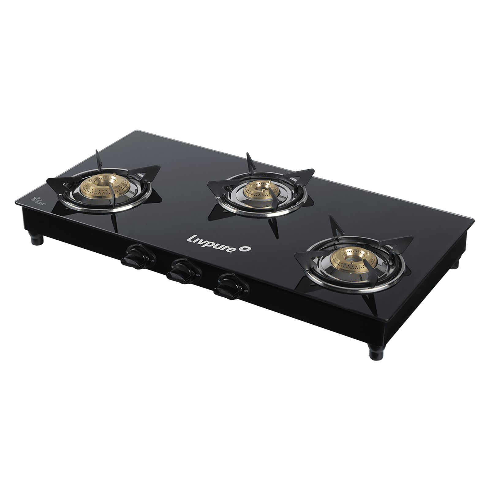 Livpure Nebula Toughened Glass Top 3 Burner Manual Gas Stove (Ergonomic Knobs, Black)