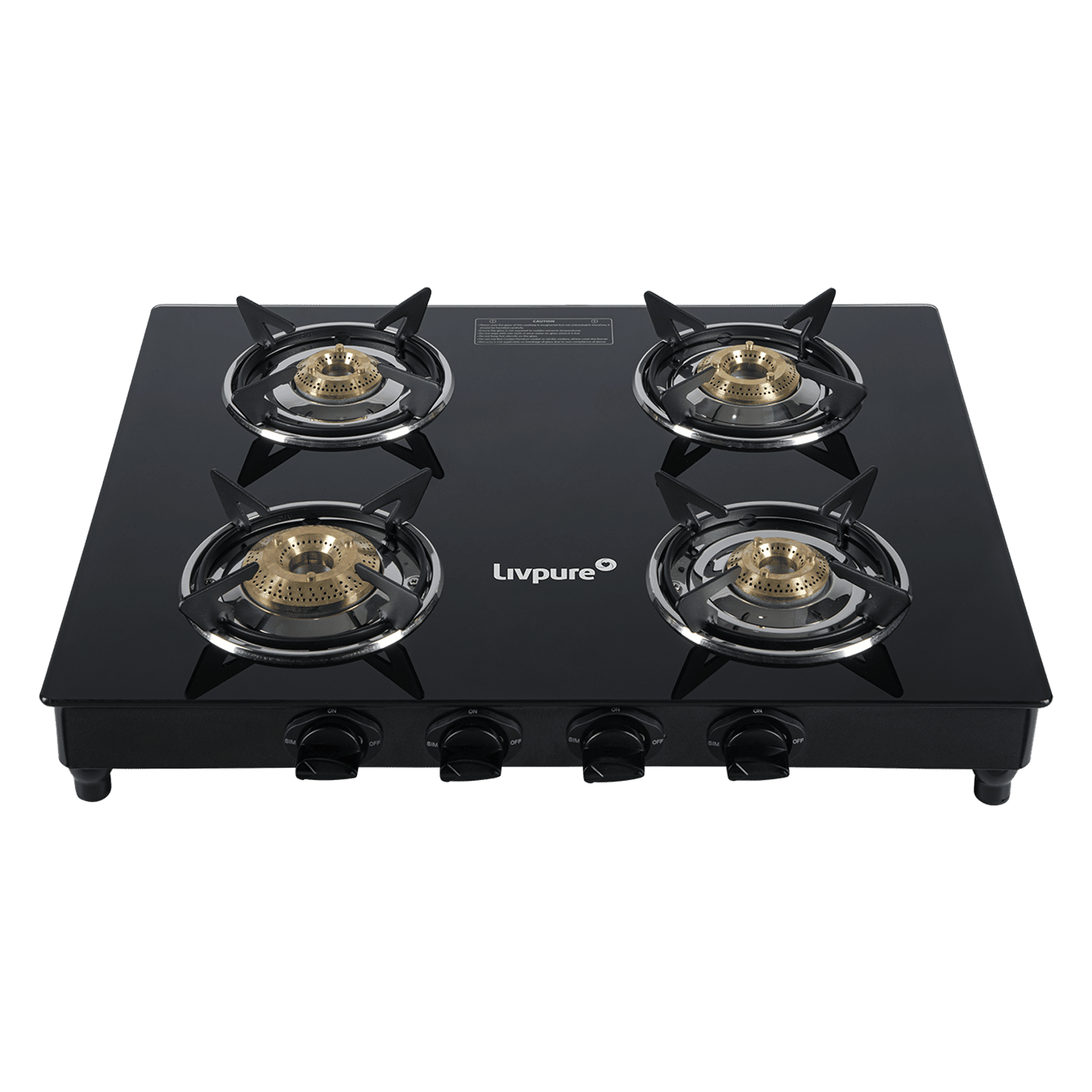 Livpure Nebula Toughened Glass Top 4 Burner Manual Gas Stove (Ergonomic Knobs, Black)