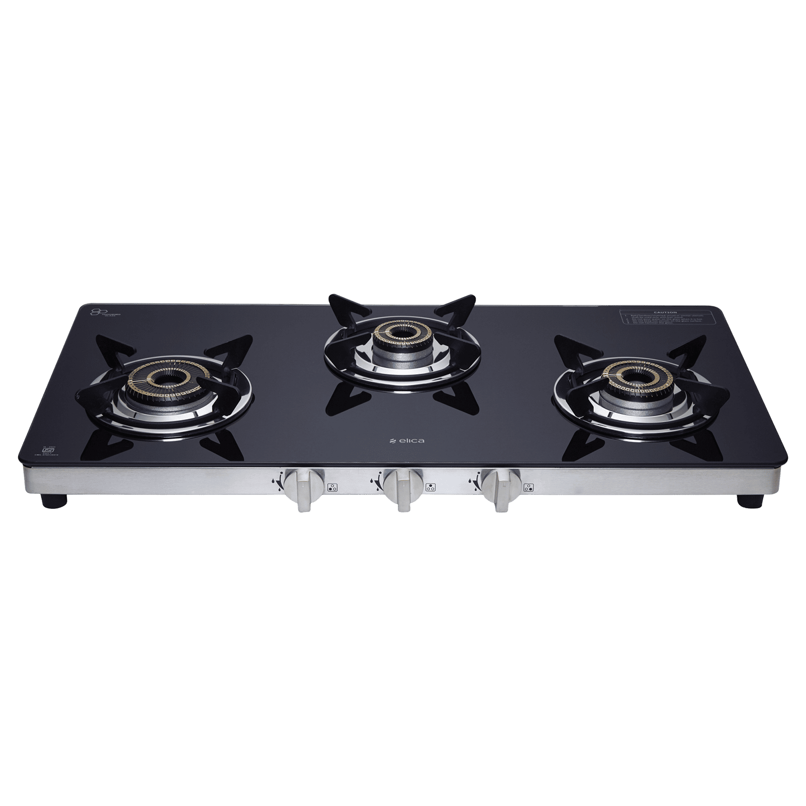 elica SAPPHIRE Series Toughened Glass Top 3 Burners Manual Gas Stove (Double Drip Tray Design, Black)