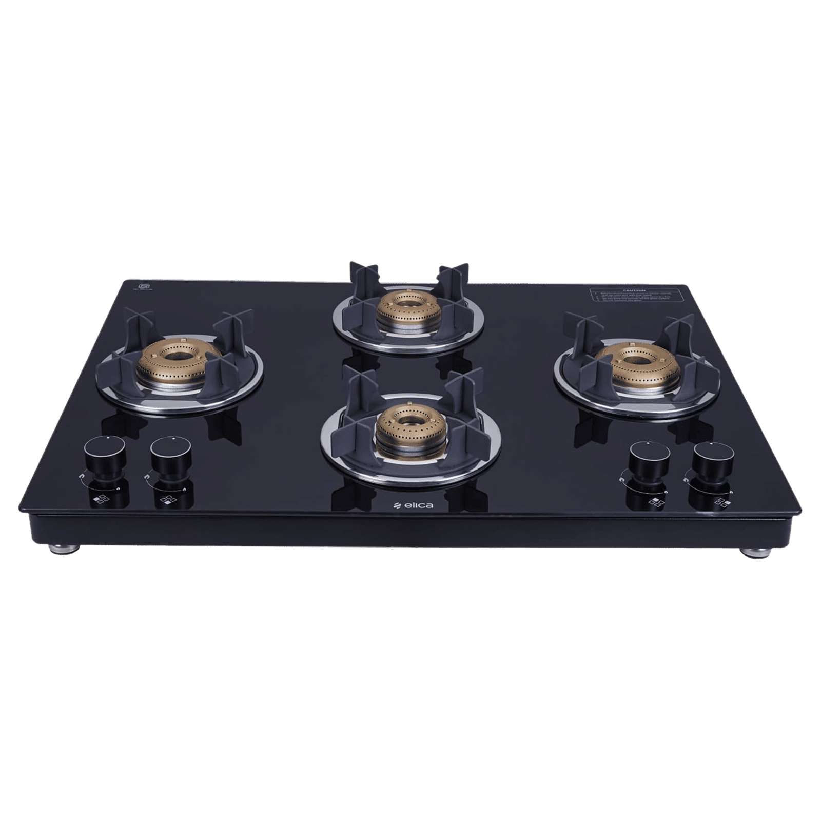 elica 694 CT VETRO 2J (TKN CROWN DT AI) Toughened Glass Top 4 Burner Automatic Gas Stove ( Euro-Coated Crown Pan Support, Black)