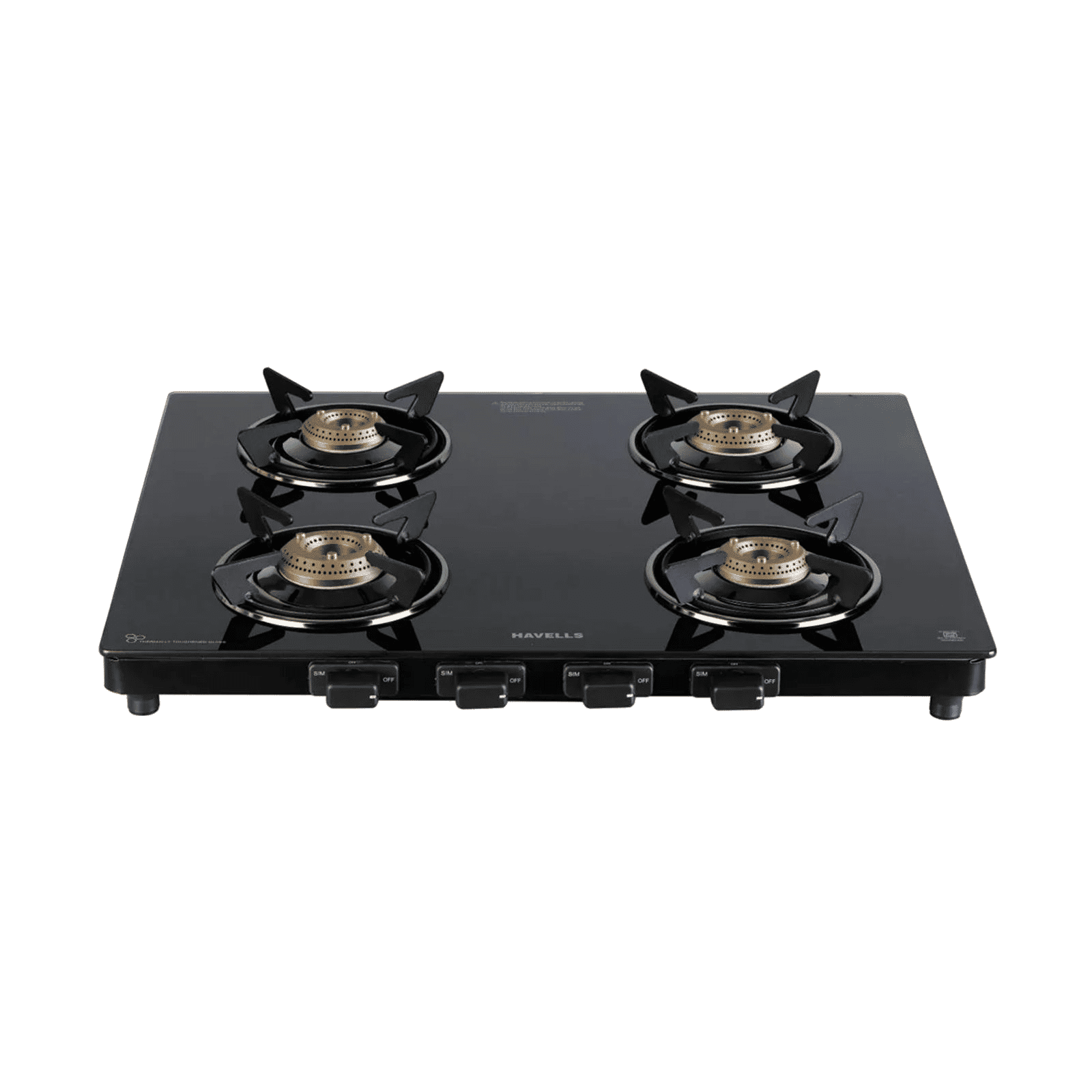 Havells Calore Toughened Glass Top 4 Burner Manual Gas Stove (Heavy Duty Brass Burner, Black)