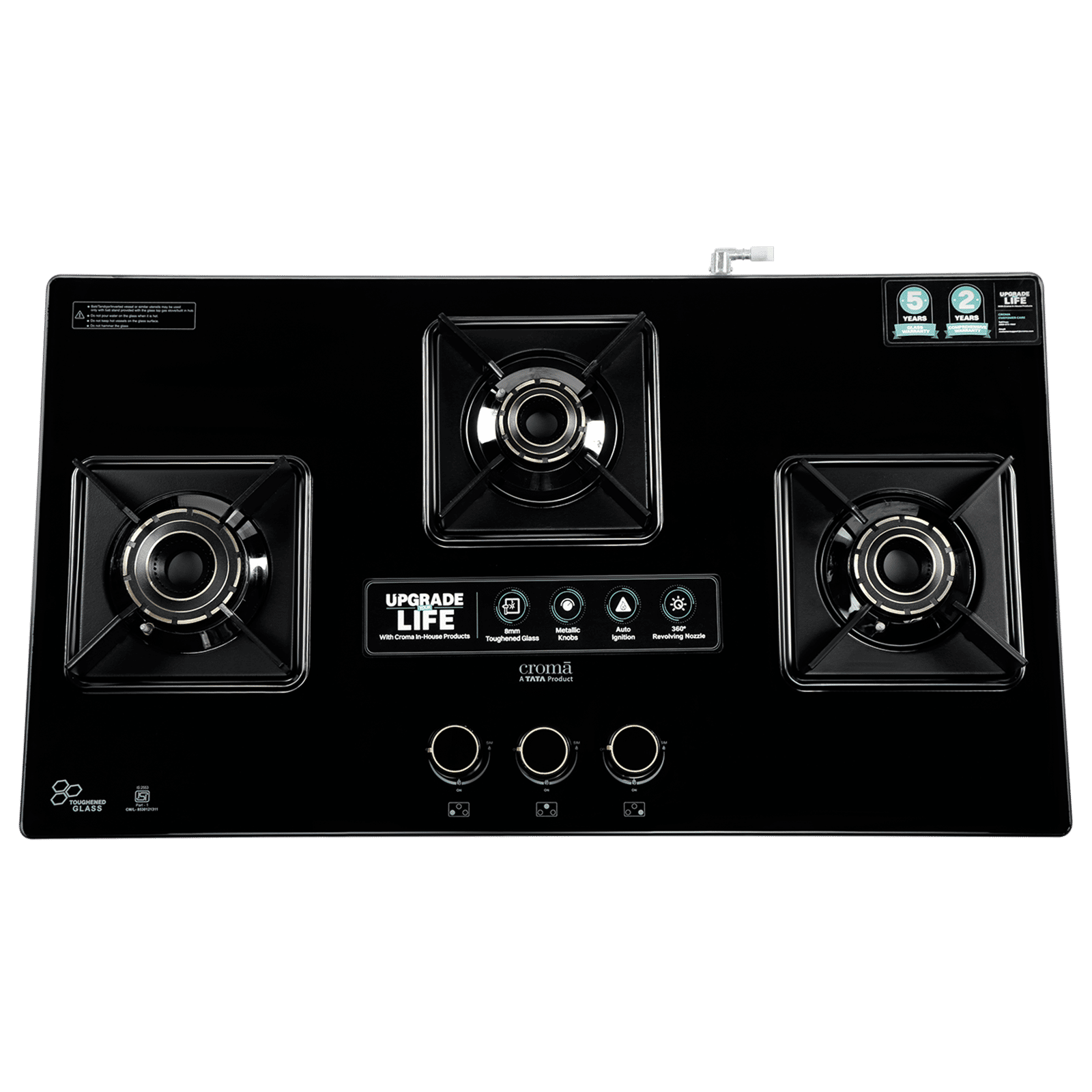 Croma Toughened Glass Top 3 Burner Automatic Hob (360 Degree Revolving Nozzle, Black)