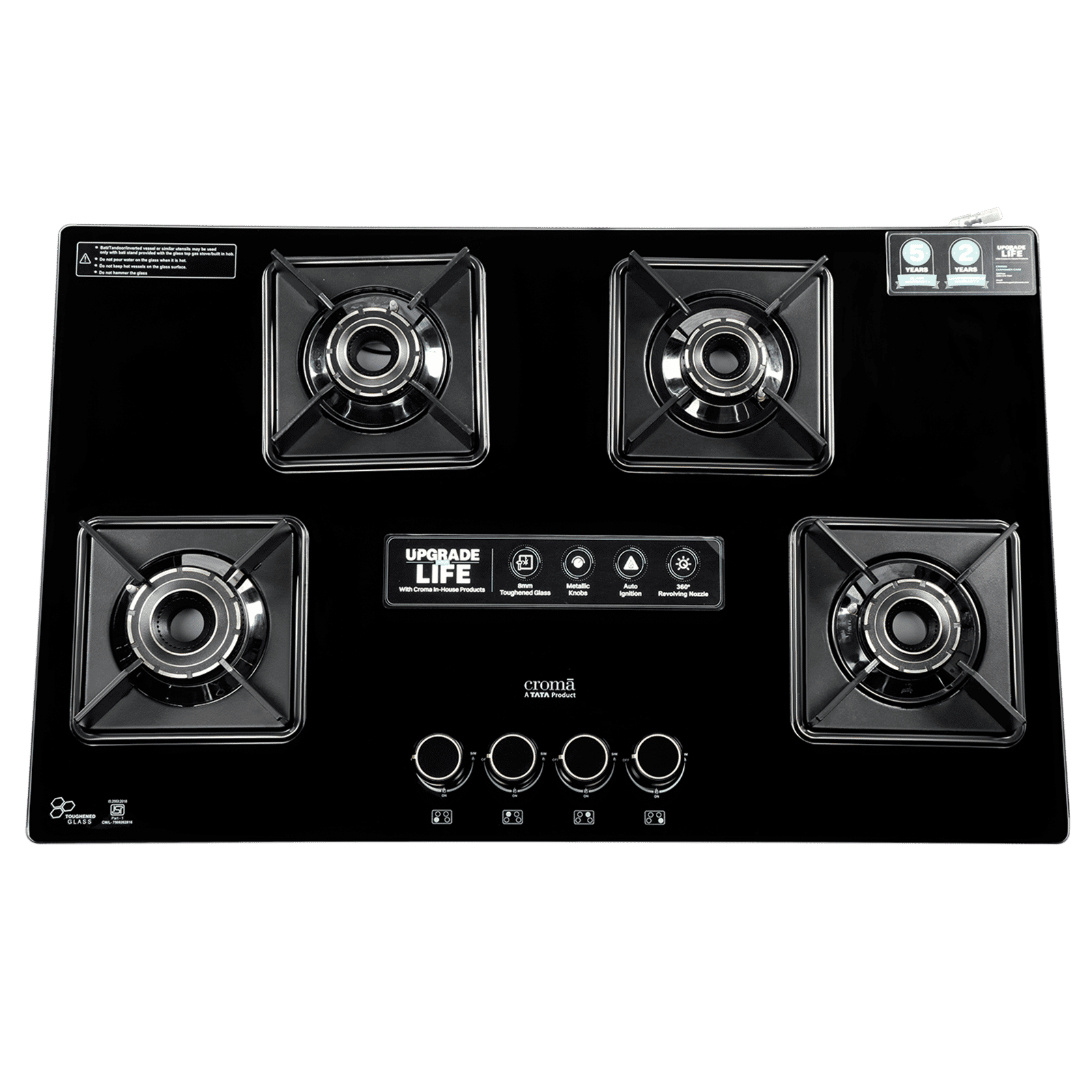 Croma Toughened Glass Top 4 Burner Automatic Hob (360 Degree Revolving Nozzle, Black)