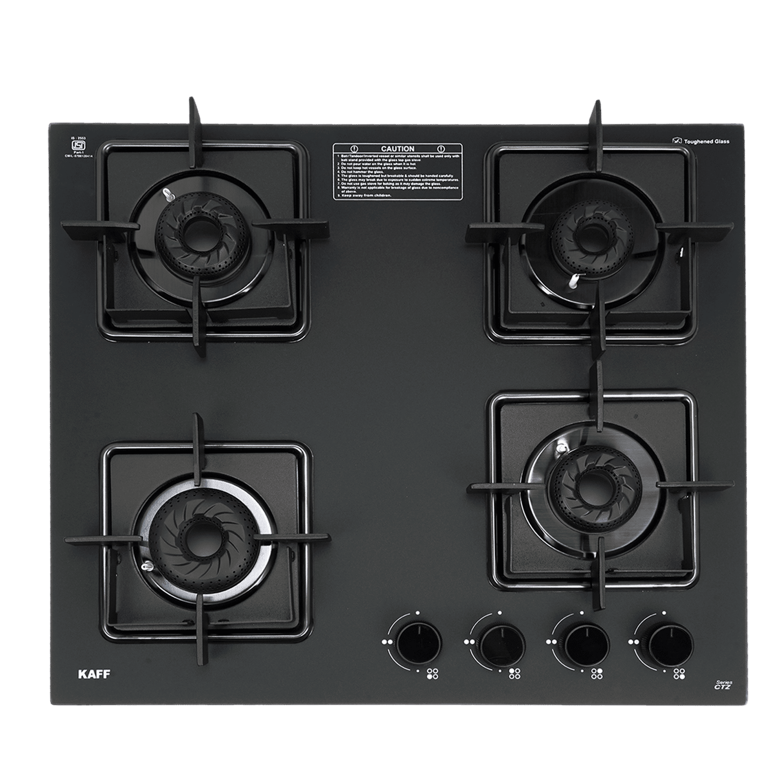 KAFF CTZ Series Tempered Glass Top 4 Burner Automatic Hob (Anti-Slip Knobs, Matt Black)