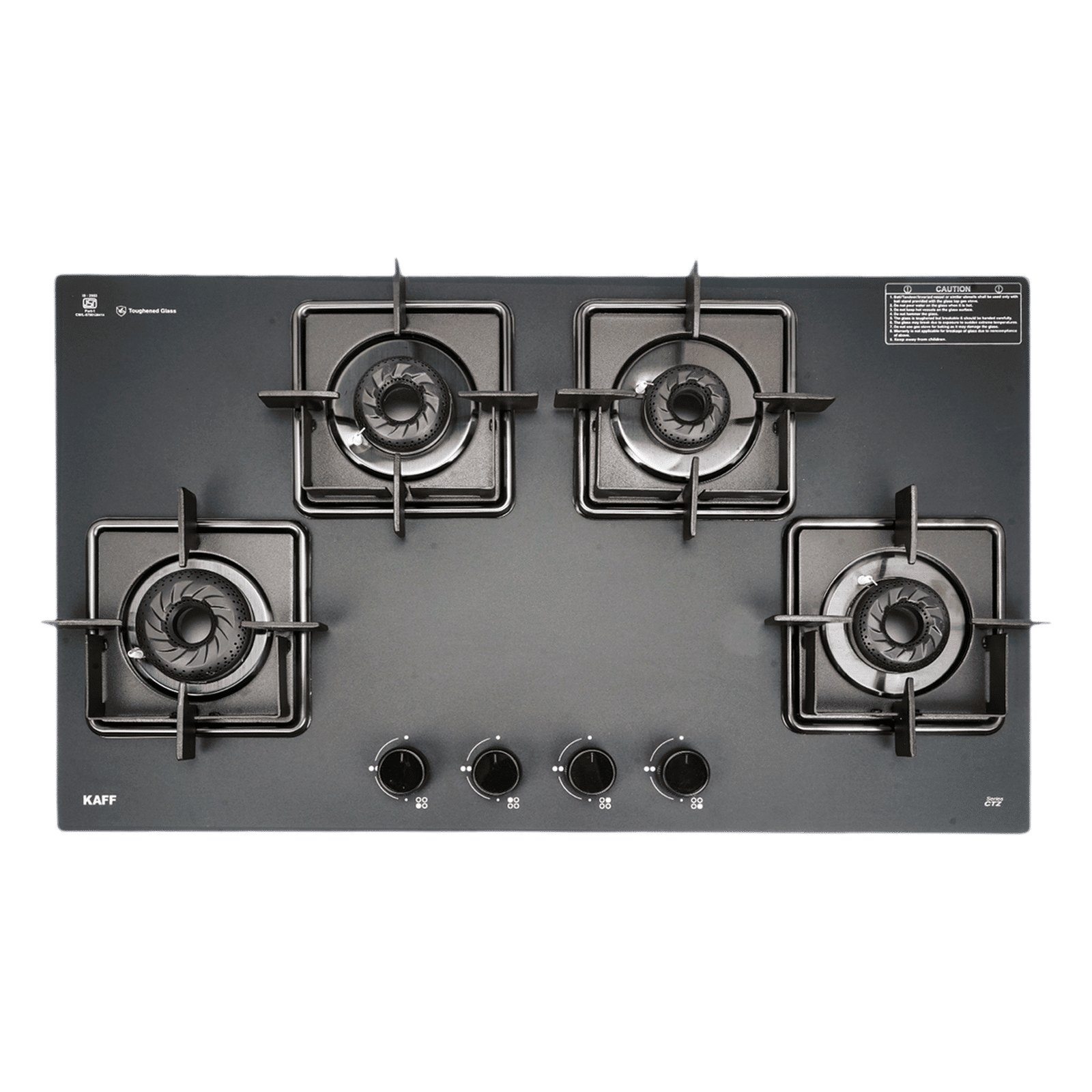 KAFF CTZ Series Tempered Glass Top 4 Burner Automatic Hob (Double Drip Tray, Matt Black)