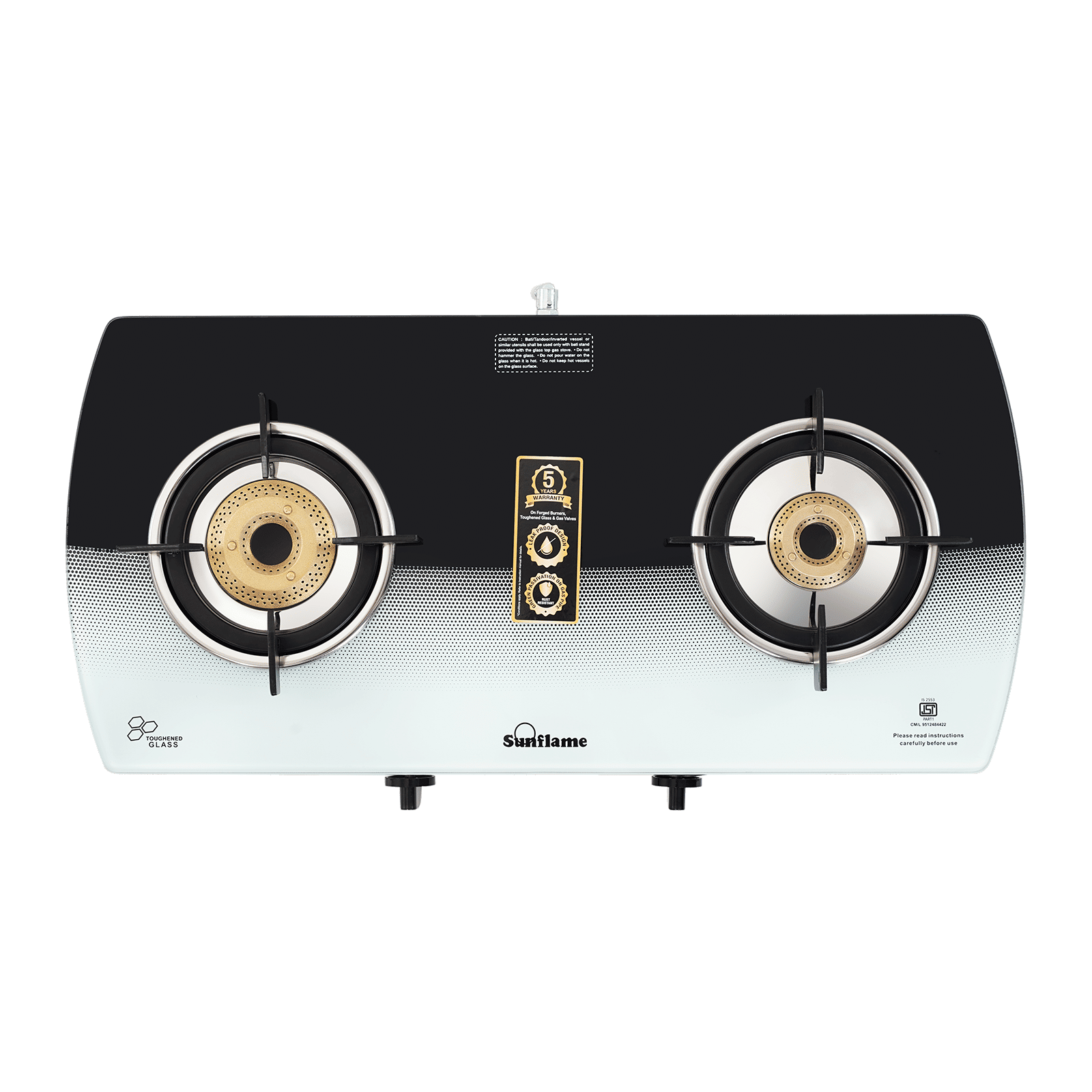 Sunflame SGM 2B BK Toughened Glass Top 2 Burners Manual Gas Stove (Double Drip Trays, Black and White)