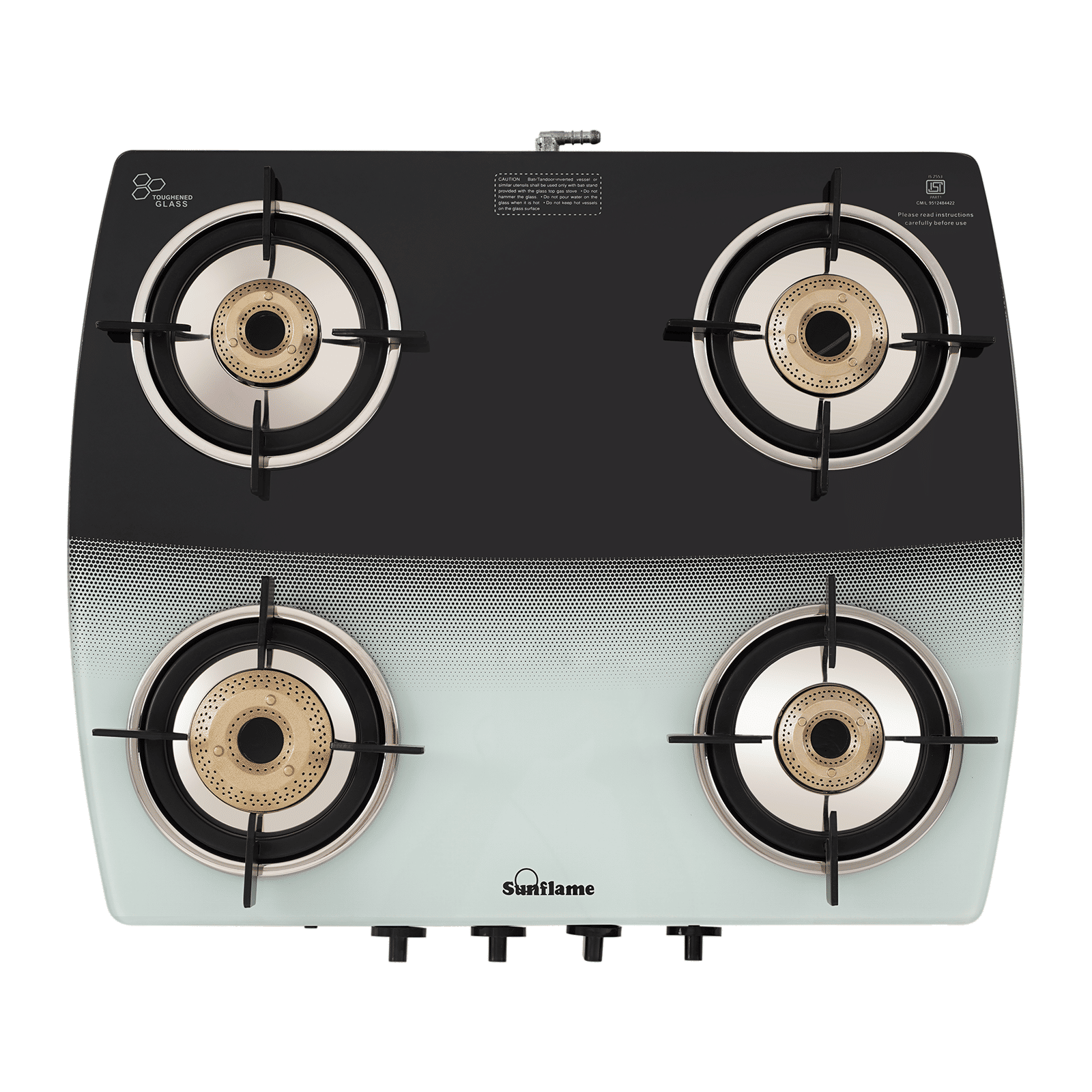 Sunflame SGM 4B BK Toughened Glass Top 4 Burners Manual Gas Stove (Double Drip Trays, Black and White)