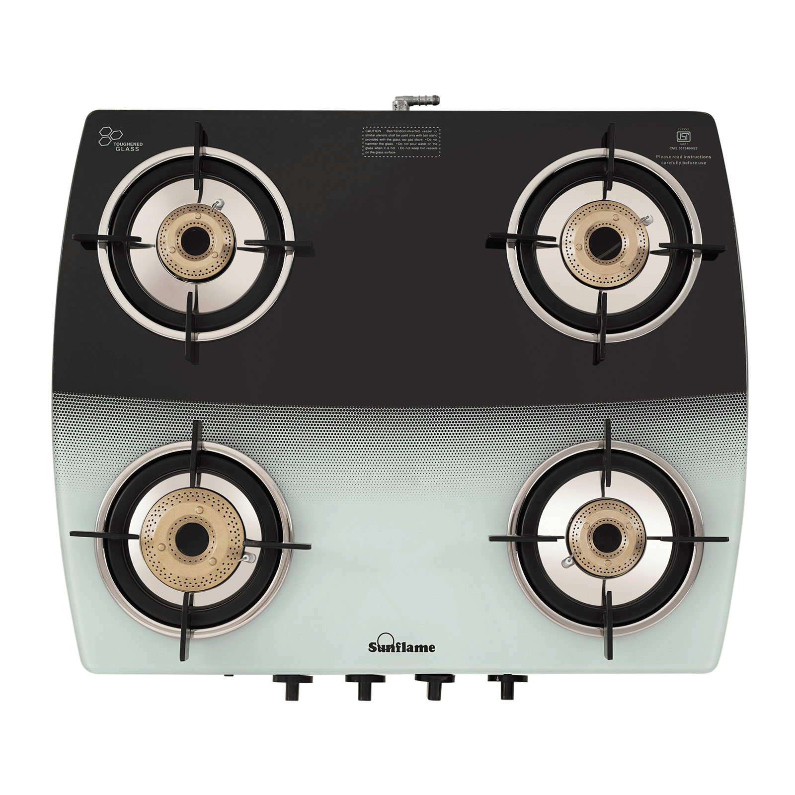 Sunflame SGM 4B BK AI Toughened Glass 4 Burner Automatic Gas Stove (High Performance Forged Brass Burners, Black & White)