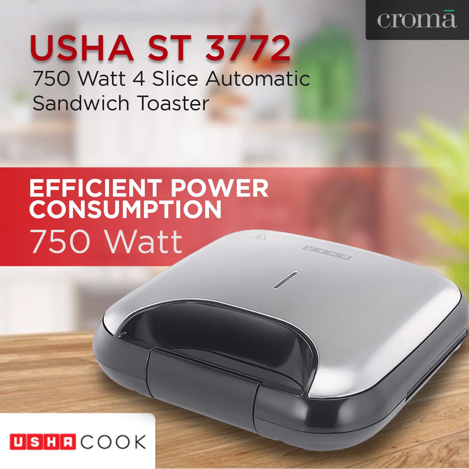 USHA ST 3772 750 Watt Slice Automatic Sandwich Toaster (Non-stick Teflon  Coating Plates, Black)