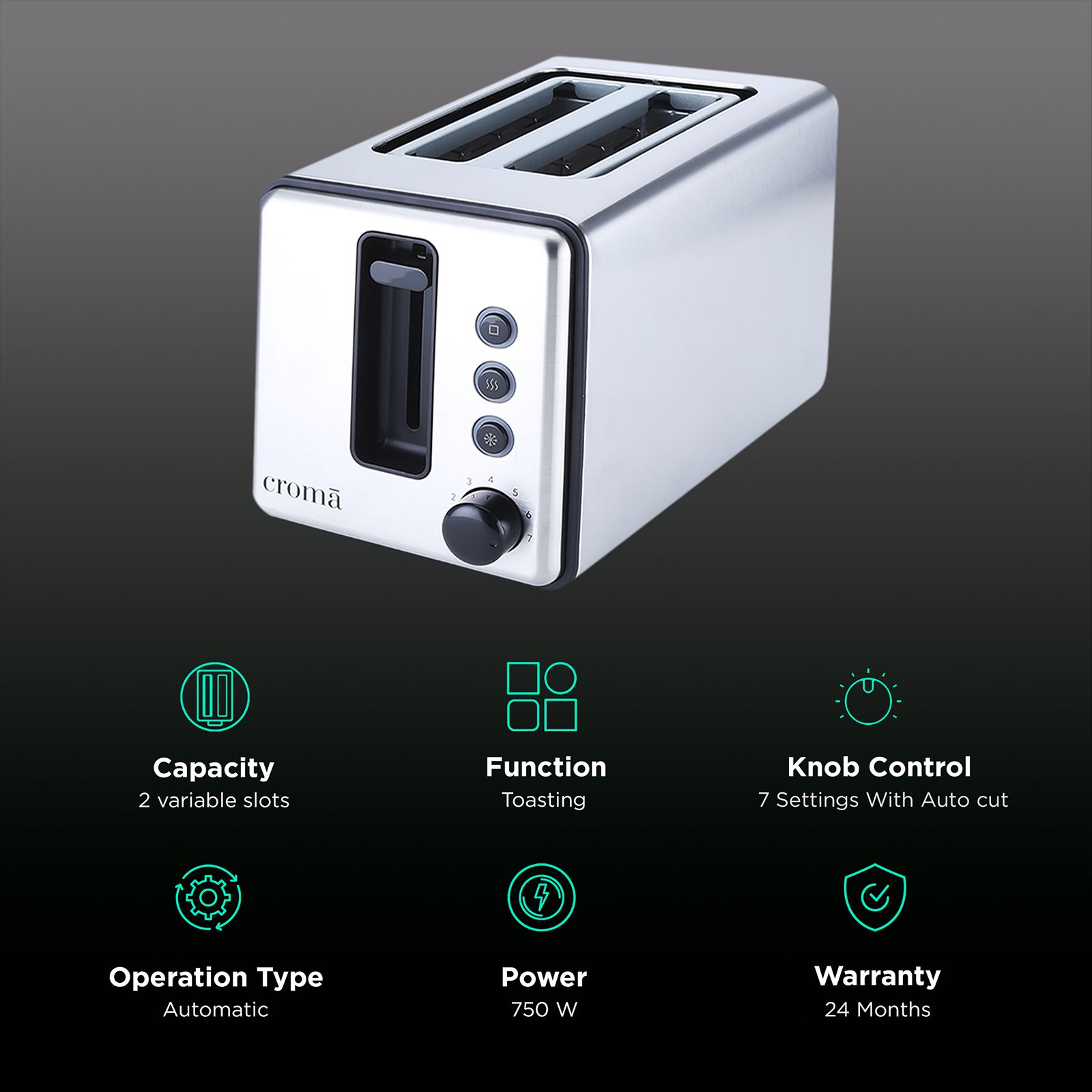 Buy Croma 750W Slice Pop-Up Toaster with Reheat Function (Silver