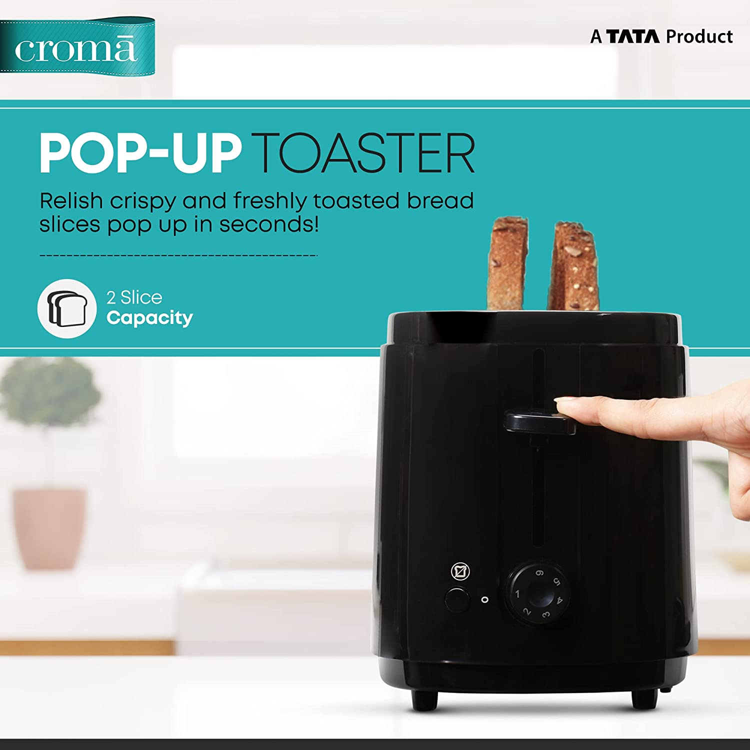Croma 750W Slice Pop-Up Toaster with Removable Crumb Tray (Black)