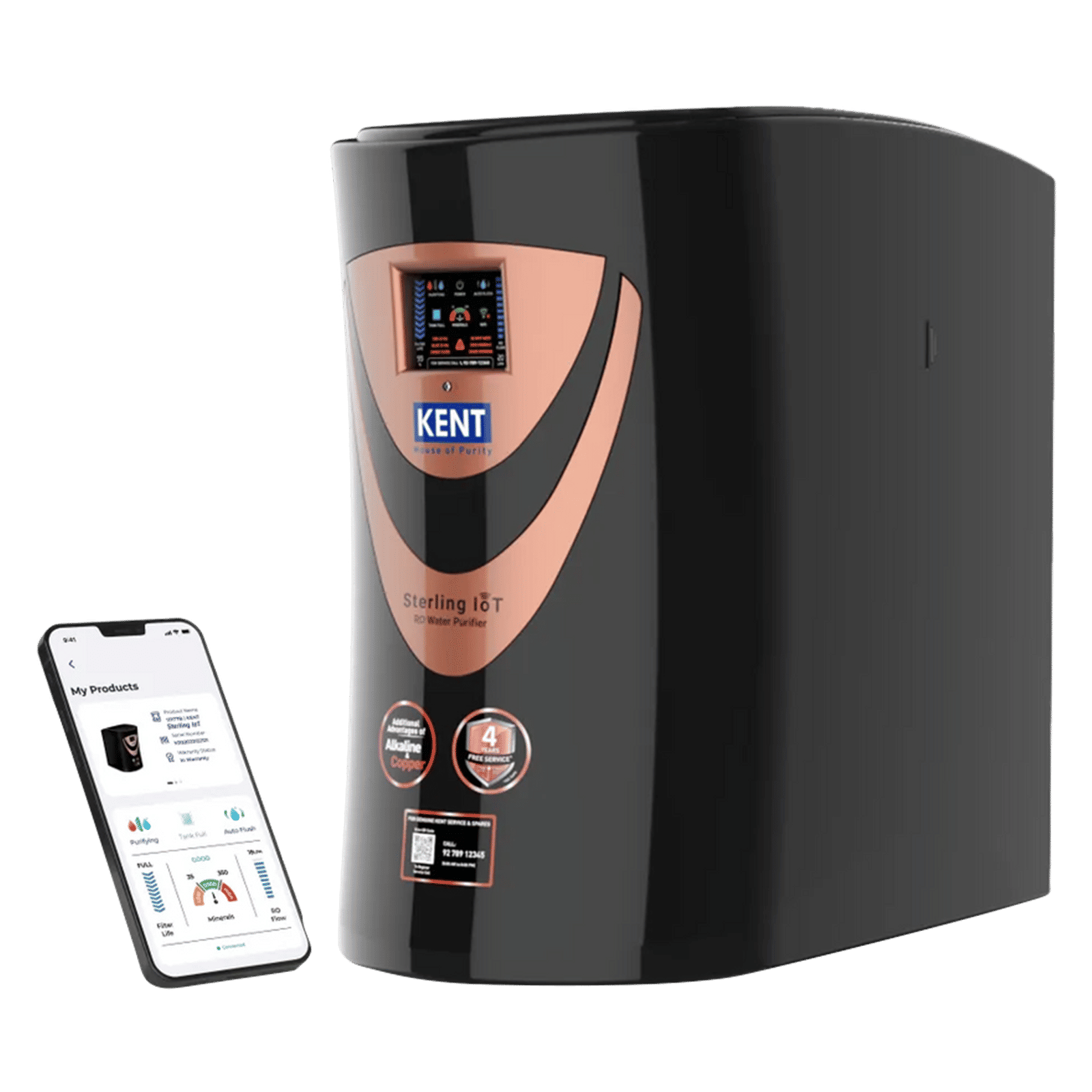 KENT Sterling 6L RO + UV + UF + Alkaline + Copper + TDS Control Water Purifier with Real Time Display of Water Quality & Filter Life (Black)