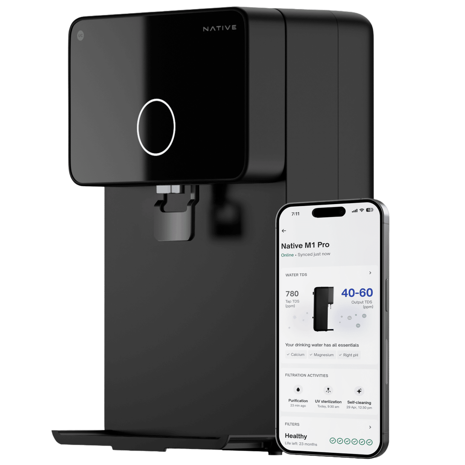 Native by UC M1 Pro 7L RO + UV + Copper + Minerals + Alkaline Water Purifier with Smart Rinse Technology (Black)