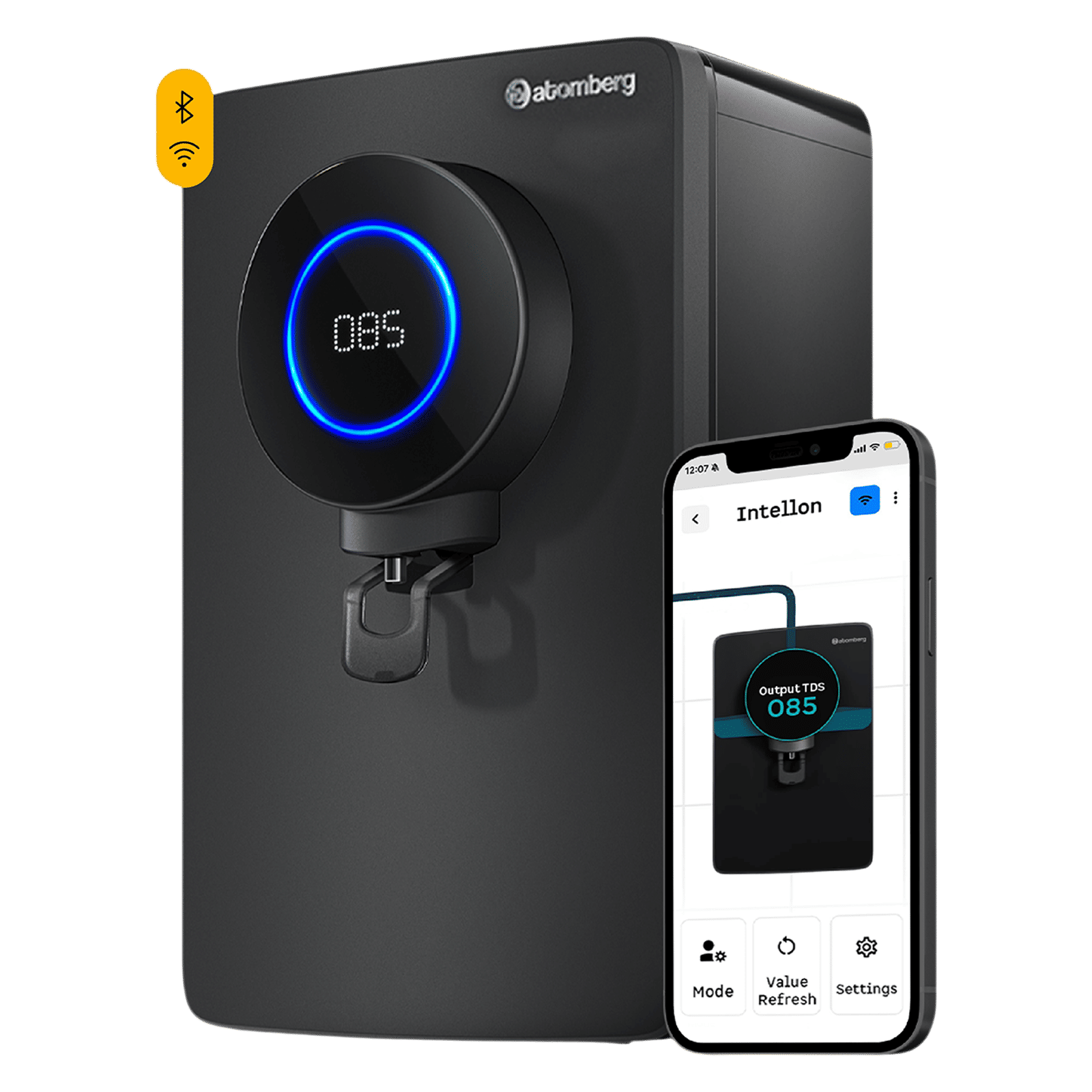 Atomberg Intellon 8L RO + UV + UF + TDS + Alkaliser Water Purifier with Intelligent Filtration System (Midnight Black)